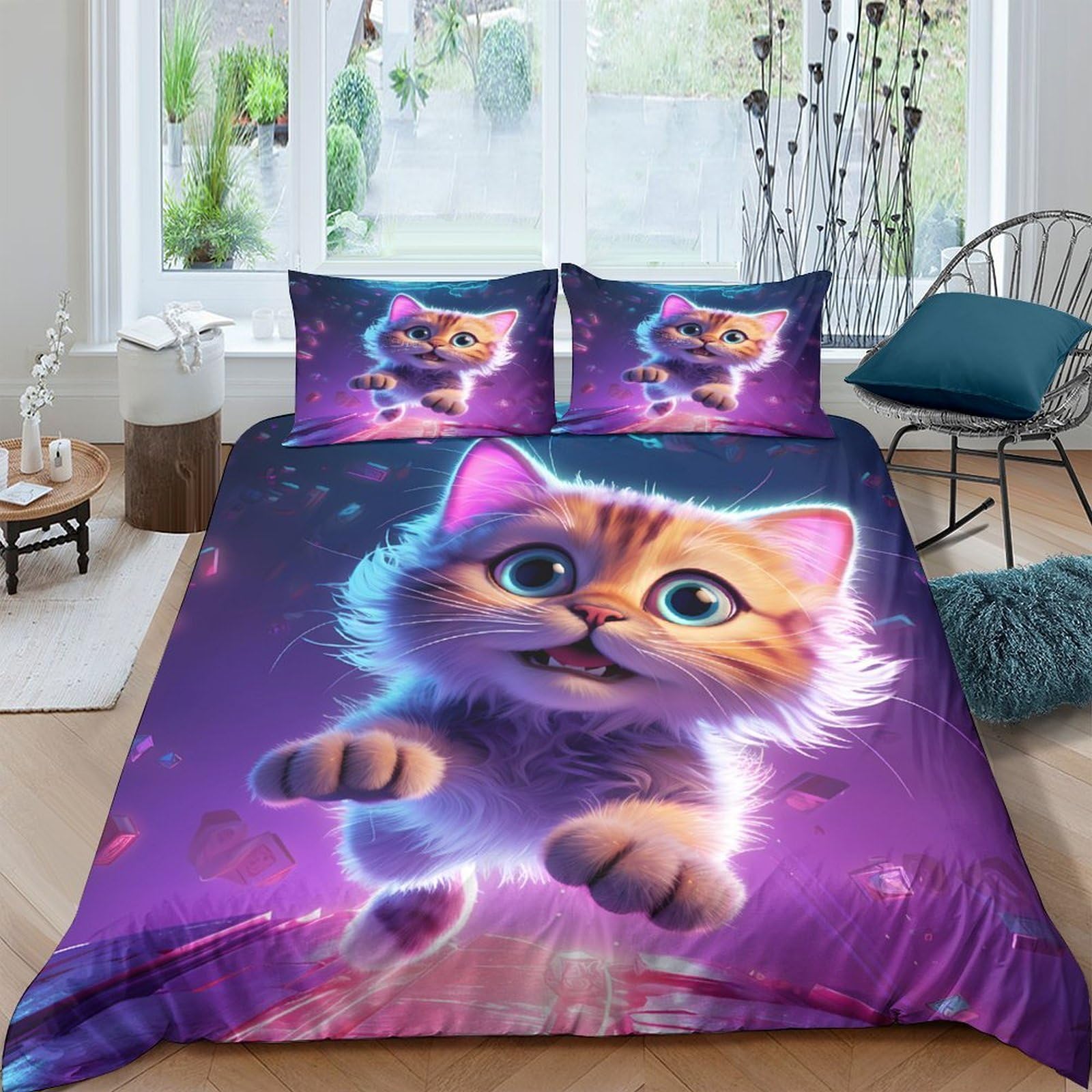 Ctjqhvkz Style-9 3D Printed Cute Cat Fitted Sheet Microfiber Purple Cartoon Galaxy Mattress Cover For Bedroom Guest Room Decor Single（135X200cm）