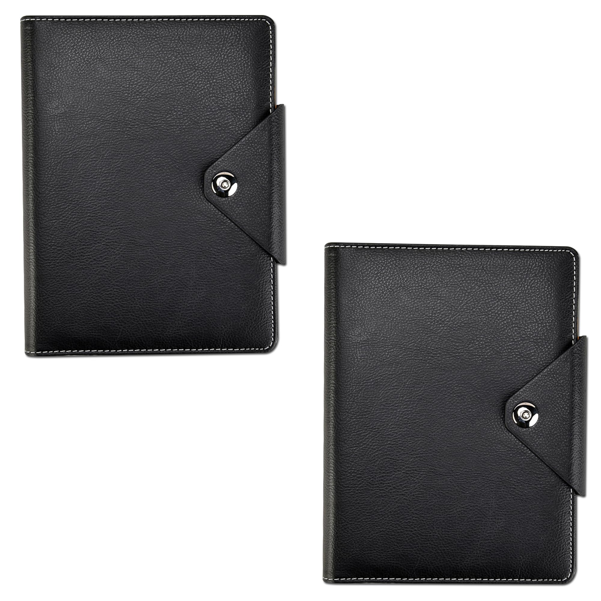 Arpan A5 Executive Personal Organiser Notebook, Ruled Pages, Padded PU Leather Cover, Stud Button Closure, Ring Binder with Card Pockets, Cream Paper (Black - 2 Pack)