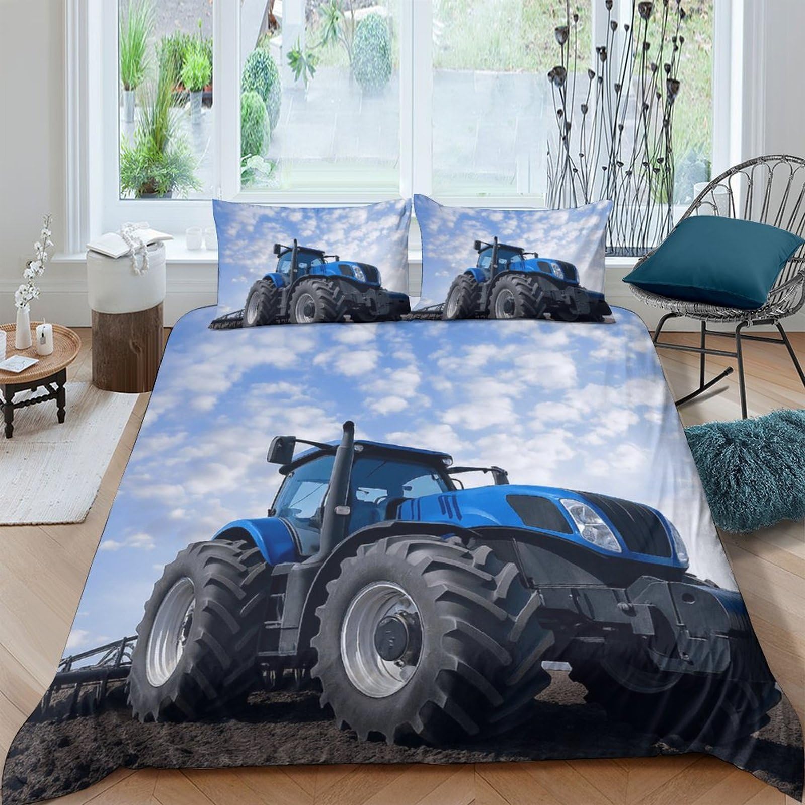 GPLZQXKJNH 3D Printed Blue Tractor Duvet Cover Microfiber Soft Breathable Farm Machinery Bedding Set with 2 Pillowcases for Bedroom Decor Single（135x200cm）