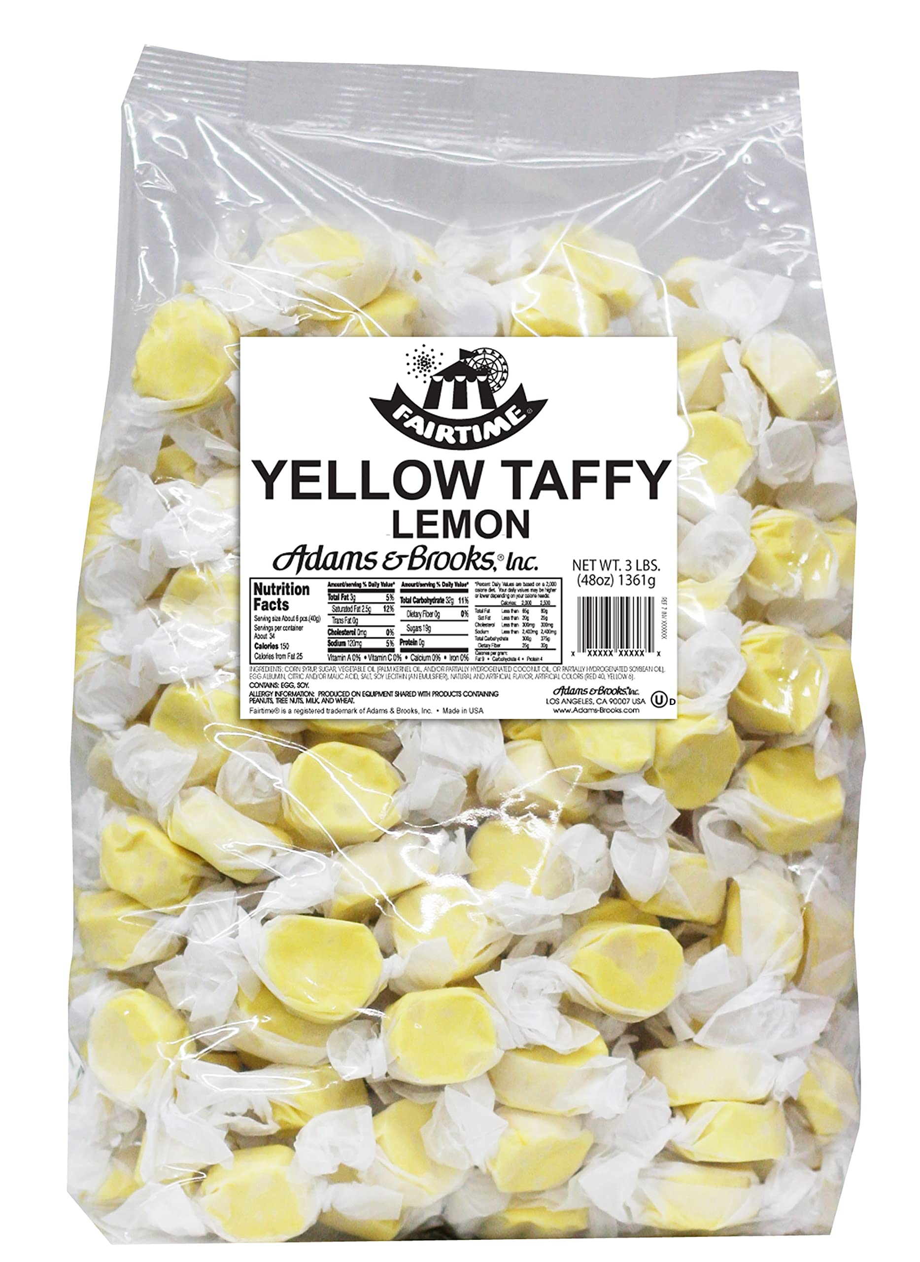 Fairtime Taffy Bulk Yellow Candy for Candy Buffets, Lemon Taffy, Lemon Candy, Bulk Candy, Pinata Candy, Individually Wrapped Candy Kosher Candy, 3 Pounds of Candy