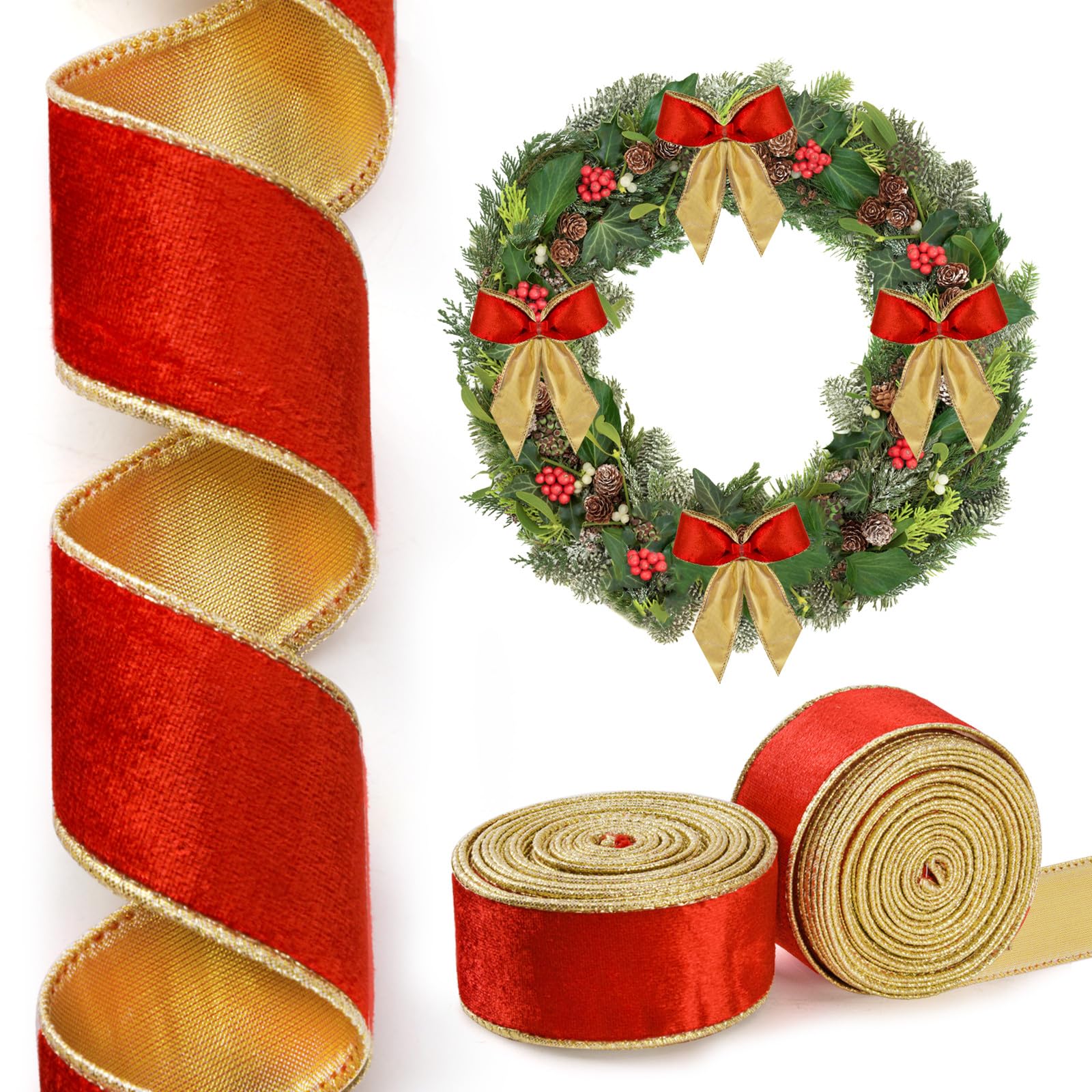 2 Rollos/20 Yardas De Cinta De Terciopelo De Navidad, Cinta Reversible Con  Alambre Roja Y, image size:1600x1600