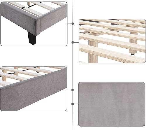 Miniatura 6 de Marco de cama Queen con plataforma tapizada y cabecera ajustable base de colchón con botones con soporte de listones de madera resistente no