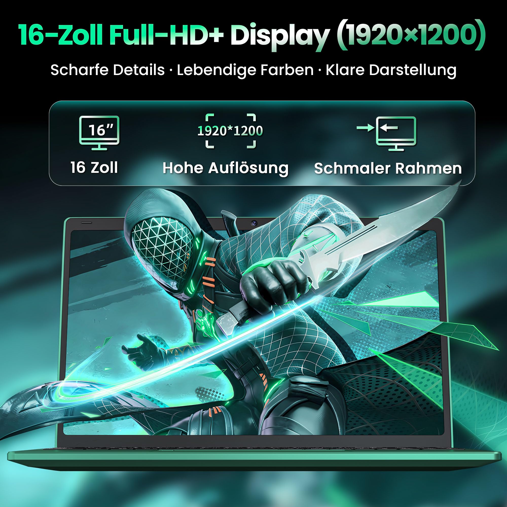 16-Zoll Business Laptop, 16GB RAM, 512GB SSD, 6500Y CPU bis zu 3,40 GHz | FHD IPS Display, Fingerabdruck, beleuchtete Tastatur, USB 3.0, WLAN, Type-C Charging, Grüner Notebook für, Arbeit, Schule