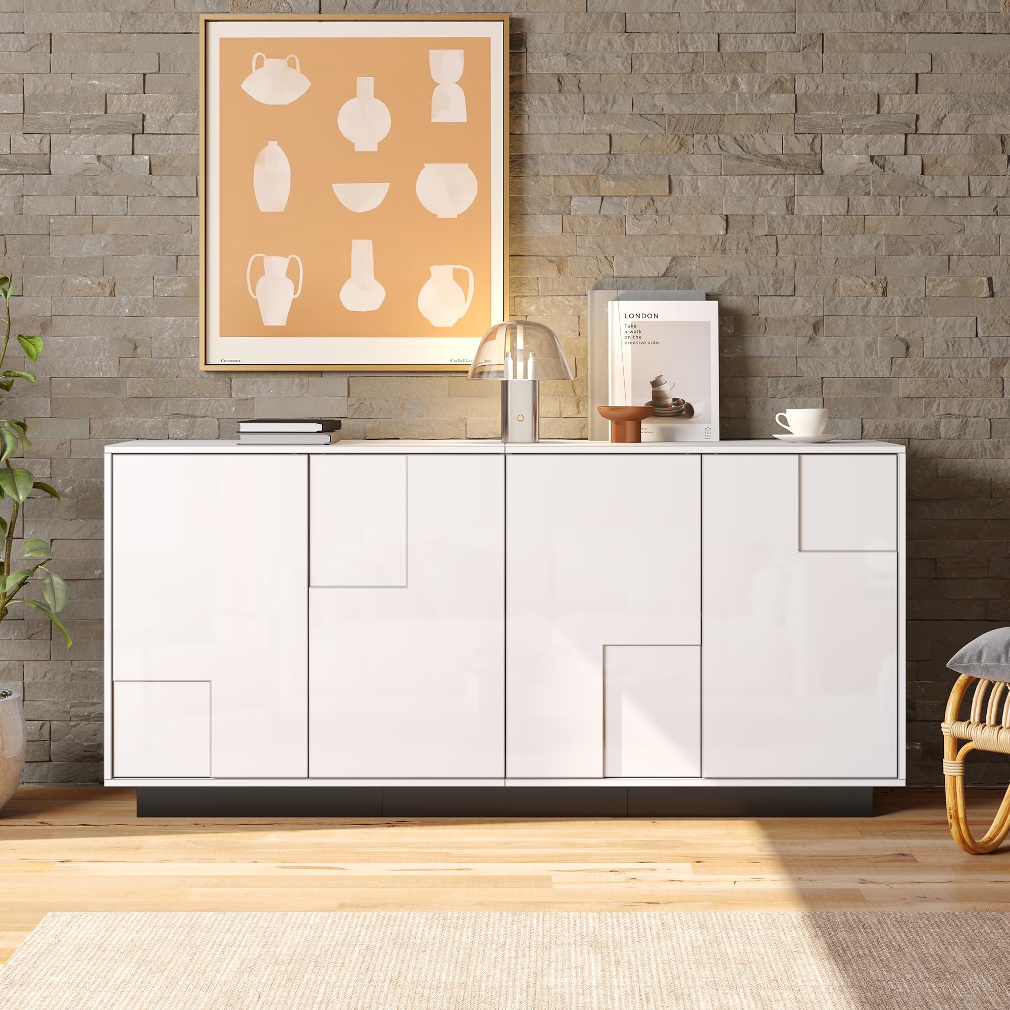 Szafka do salonu, 160 x 37 x 75,5 cm, z 4 drzwiami. Szafka pod wysoki połysk, szafka pod umywalkę o geometrycznym kształcie, duża przestrzeń do przechowywania, schemat kolorów w kolorze białym i