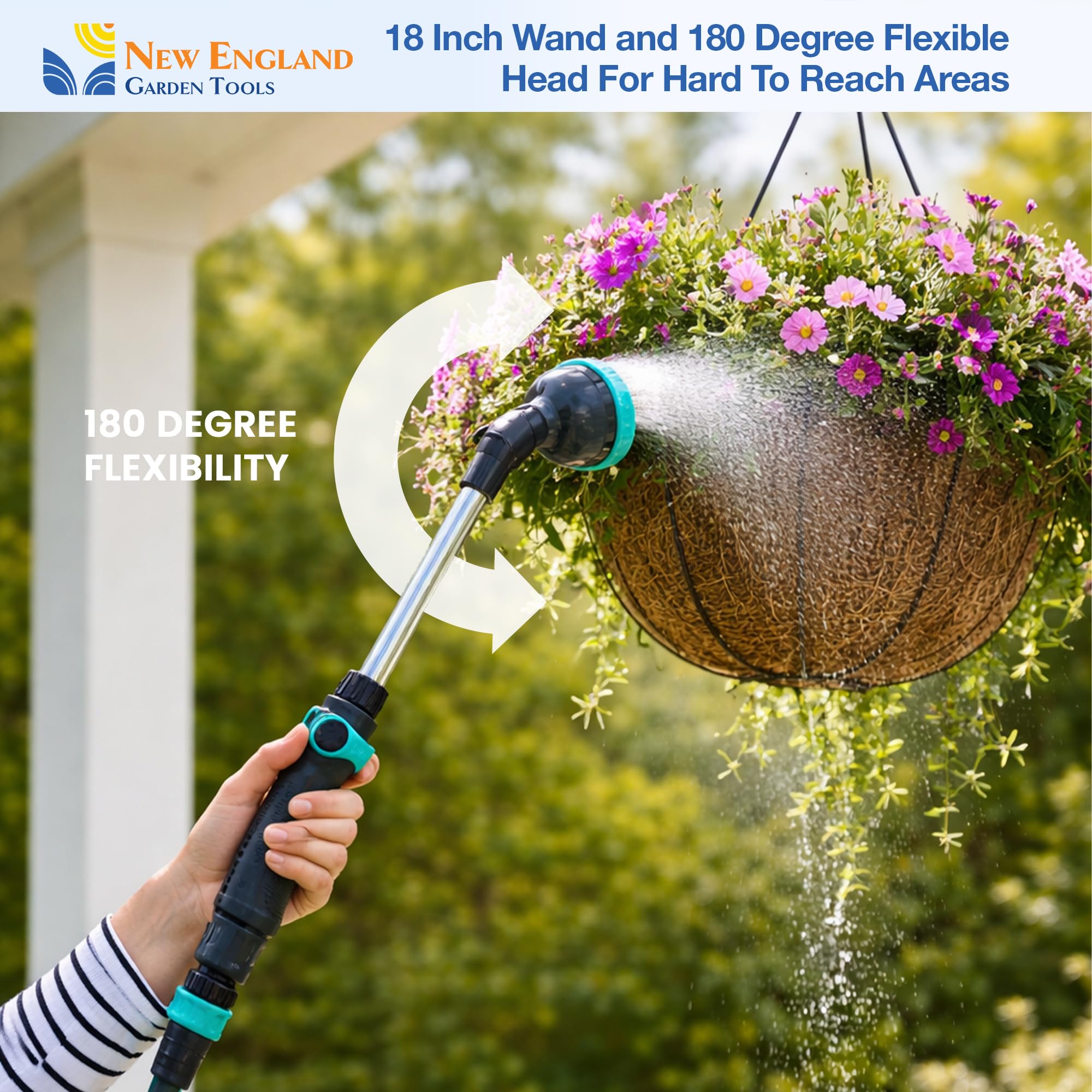 Varita de manguera de agua de 18 pulgadas con 9 patrones de pulverización y una cabeza pivotante 600001 con agarre cómodo y control de pulgar por New England Garden Tools para limpiar, regar plantas y