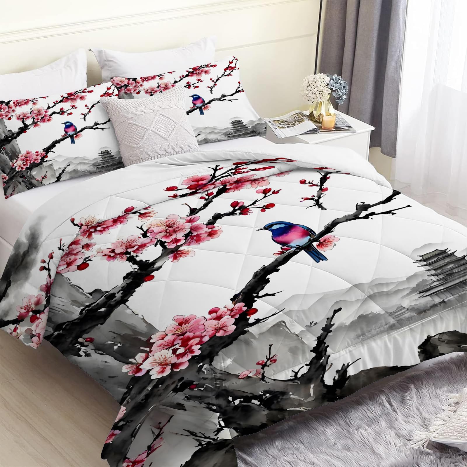 Linfye Peach Blossom Ink Single Duvet, Reversible Coverless Black And White Duvet Single, Anti Allergy Bed Quilt 7.5 Tog for All Seasons - 1 Soft Washable Comforter Bedding with 2 Pillowcases โ image 1