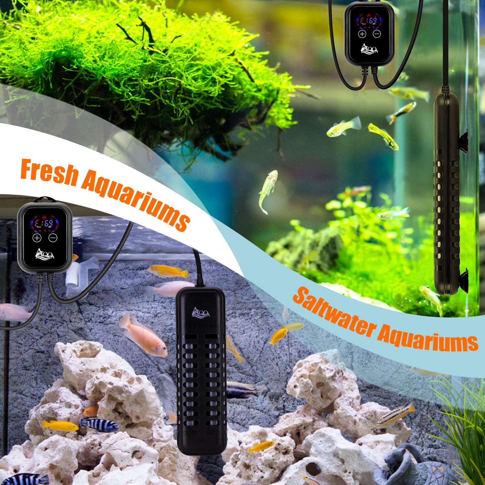 AQQA - Calentador de acuario, calentador de tanque de peces de 1000 W, sumergible Betta para termostato de acuario, calentador de estanque para agua dulce y salada (1000 W para tanque de 120-280