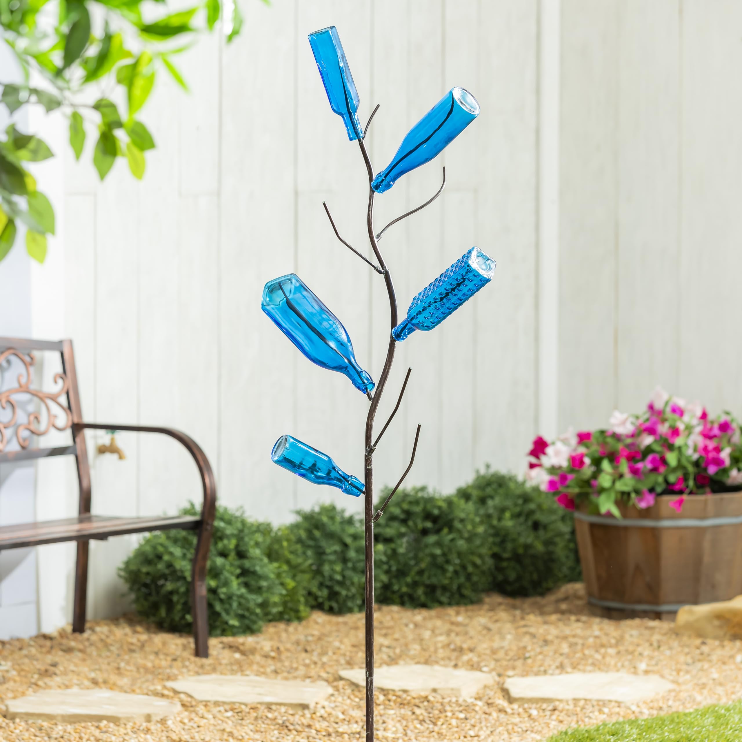 Evergreen Garden Decorative Glass Bottle for Bottle Tree, Glass Flower Bud Vases, Wine Bottles Decoration for Home, Centerpieces, Wedding, Office, Garden (Blue, Set of 5)