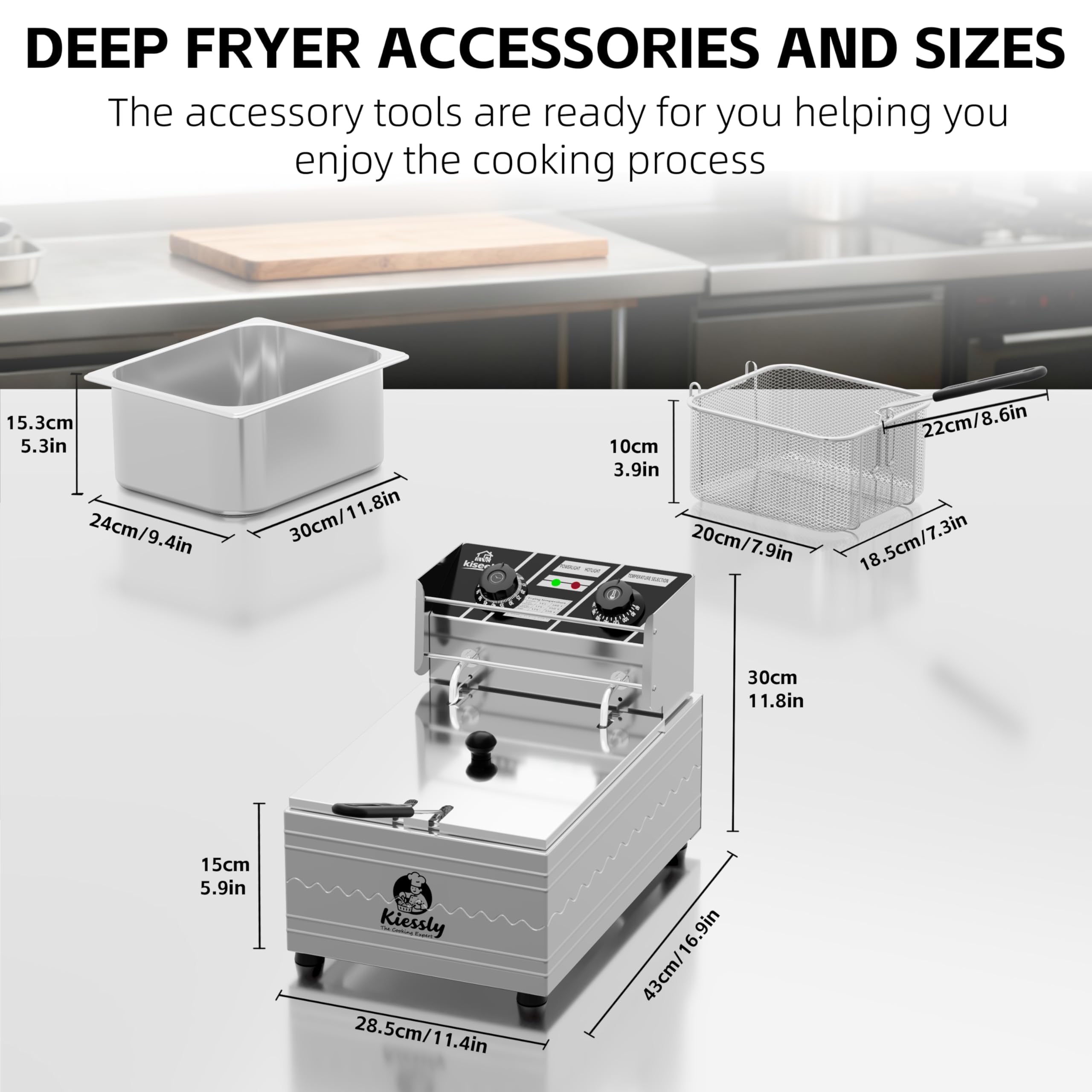 Friteuse 20L Electrique INOX, Friteuse Commerciale 3500 W avec paniers et couvercles, double cuve, avec contrôle de la durée et de la température (Friseur unique 10L NQ7)