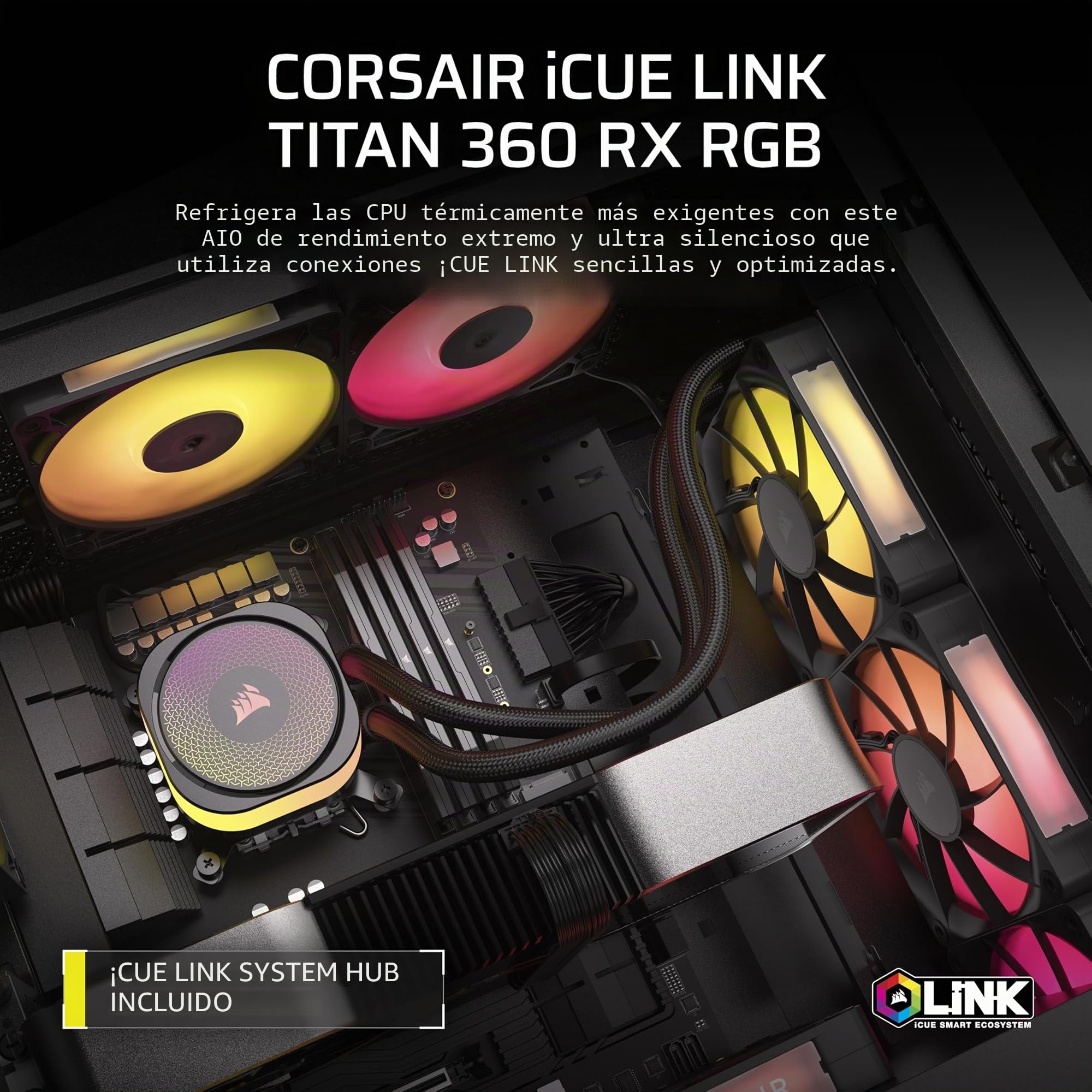 CORSAIR iCUE Link Titan 360 RX Refrigerador Líquido RGB para CPU – 360mm AIO – 3X RX120 Ventiladores RGB Incluidos – Compatible con Intel LGA 1851/1700, AMD AM5/AM4 – Hub iCUE Link Incluido – Negro