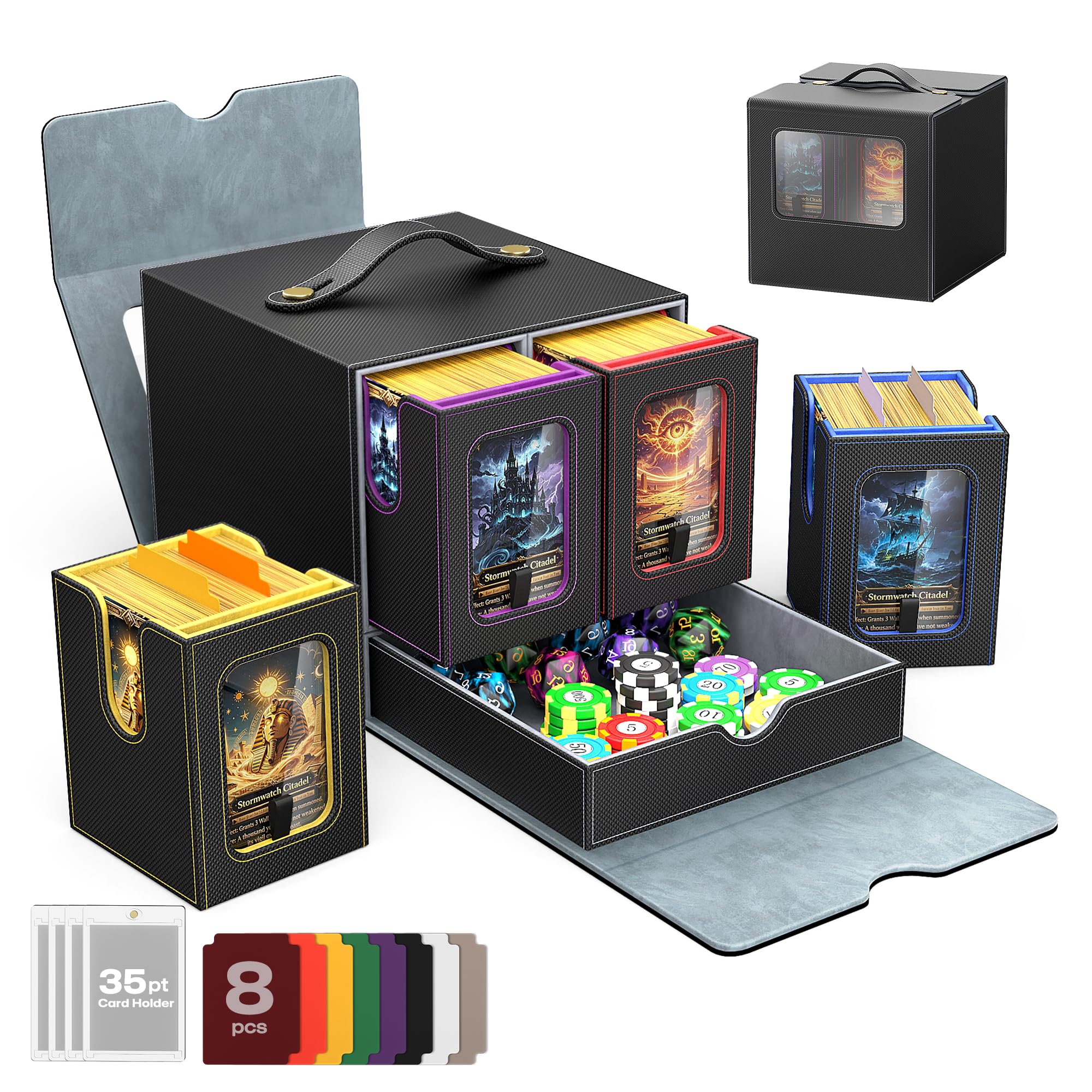 MTG Deck Box 4-Deck With Handle,MTG Commander Deck Box With Display&Cube Tray,Magnetic Trading Card Storage Box With 4 Top Loader, 1000+ Graded Card Storage Holder For Top Loader TCG,PTCG,Sports Cards