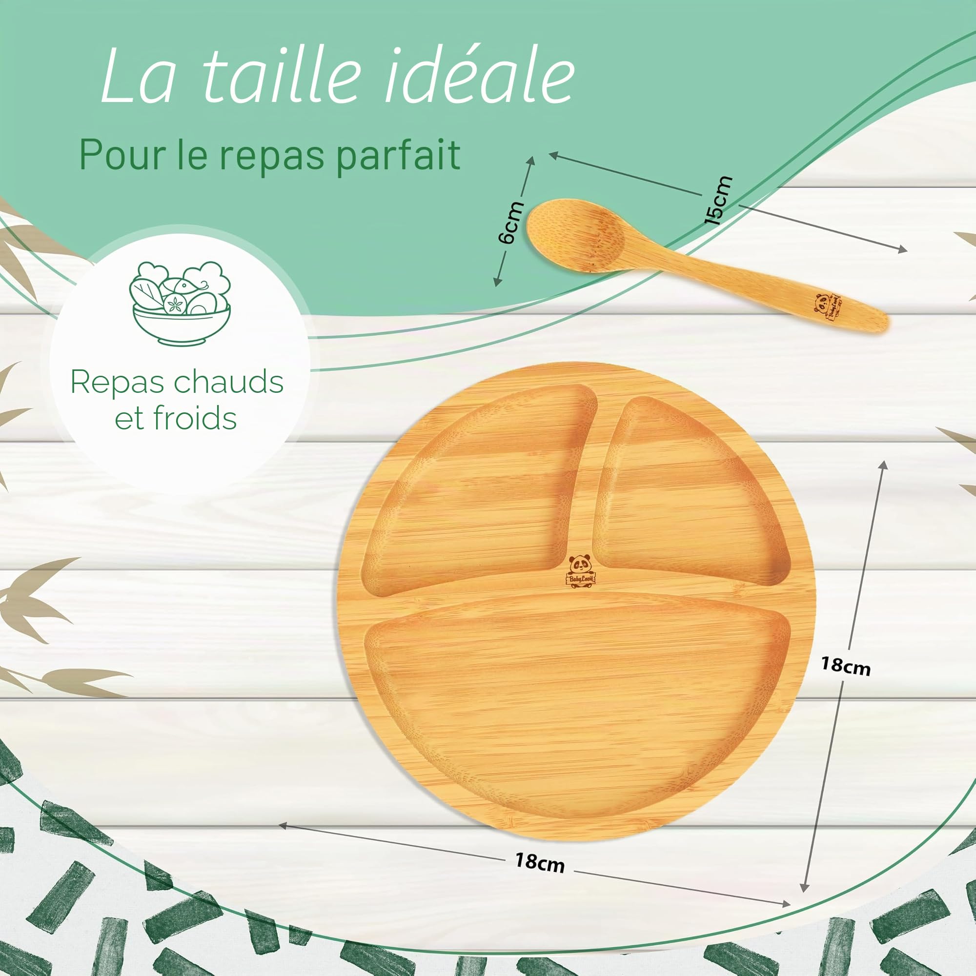 Ventouse pour bébé et cuillère en bambou naturel L'original «Bambol» de Babylovit | Forme de vache | Apprenez les plats | Boîte repas assiette