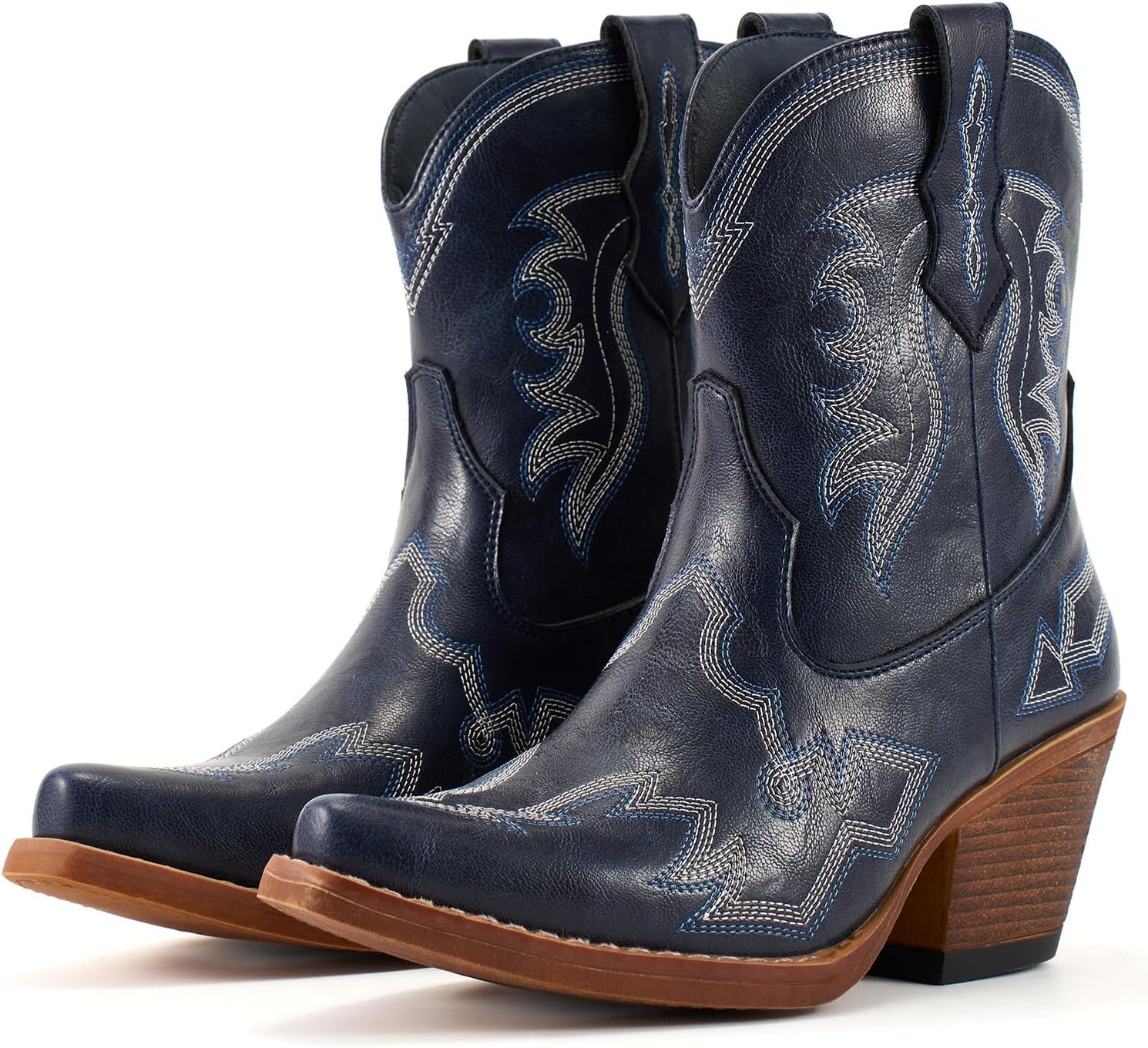 Lante Women's Cowboy Boots - Ankle Western Cowgirl Boots with Classic Embroidery, Snip Toe, Chunky Block Heel, Pull-On Tabs
