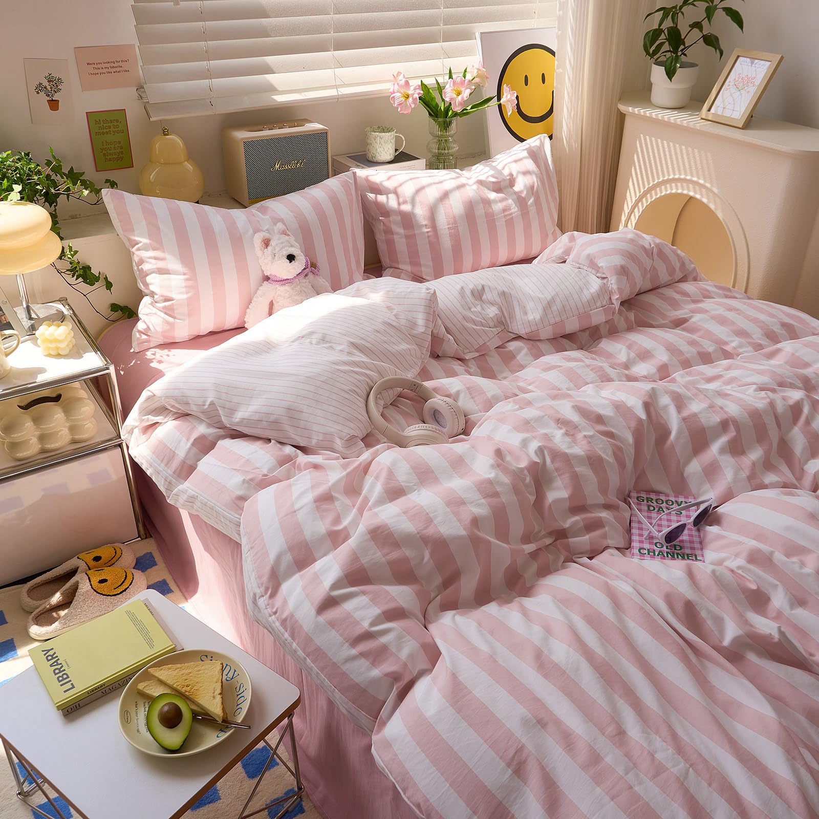 Amazon.com: Pink Striped Duvet Cover Set Twin XL, Soft Microfibher