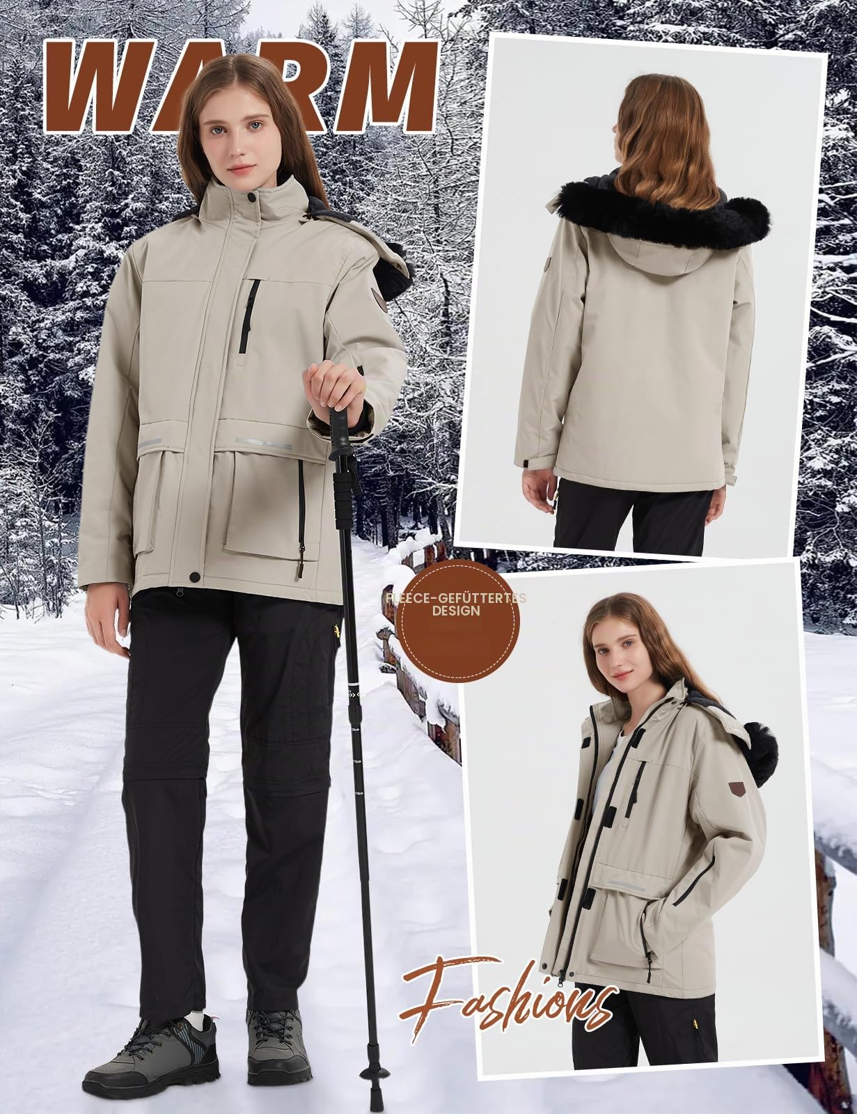 CMTOP Winterjacke Damen Wasserdichte Winddichte Skijacke Gefüttert Regenjacke für Wandern Trekking Softshell Übergangsjacke Wanderjacke mit Abnehmbarer Kapuze