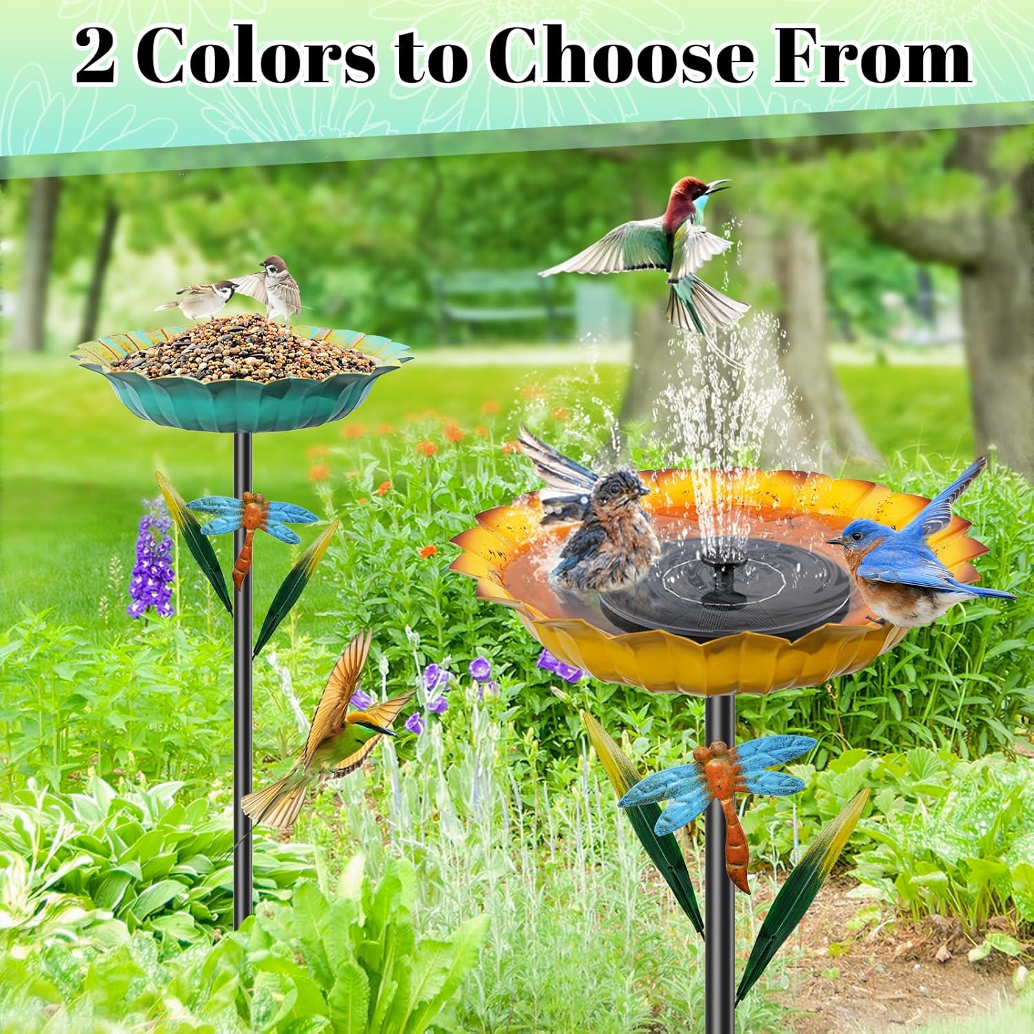 Sunflower Bird Bath for Outside, Vintage Metal Birdbaths Birdfeeder with Dragonfly Decor, Standing Bird Feeder Bath Bowl for Outdoor Yard Lawn Patio Art Decor Green