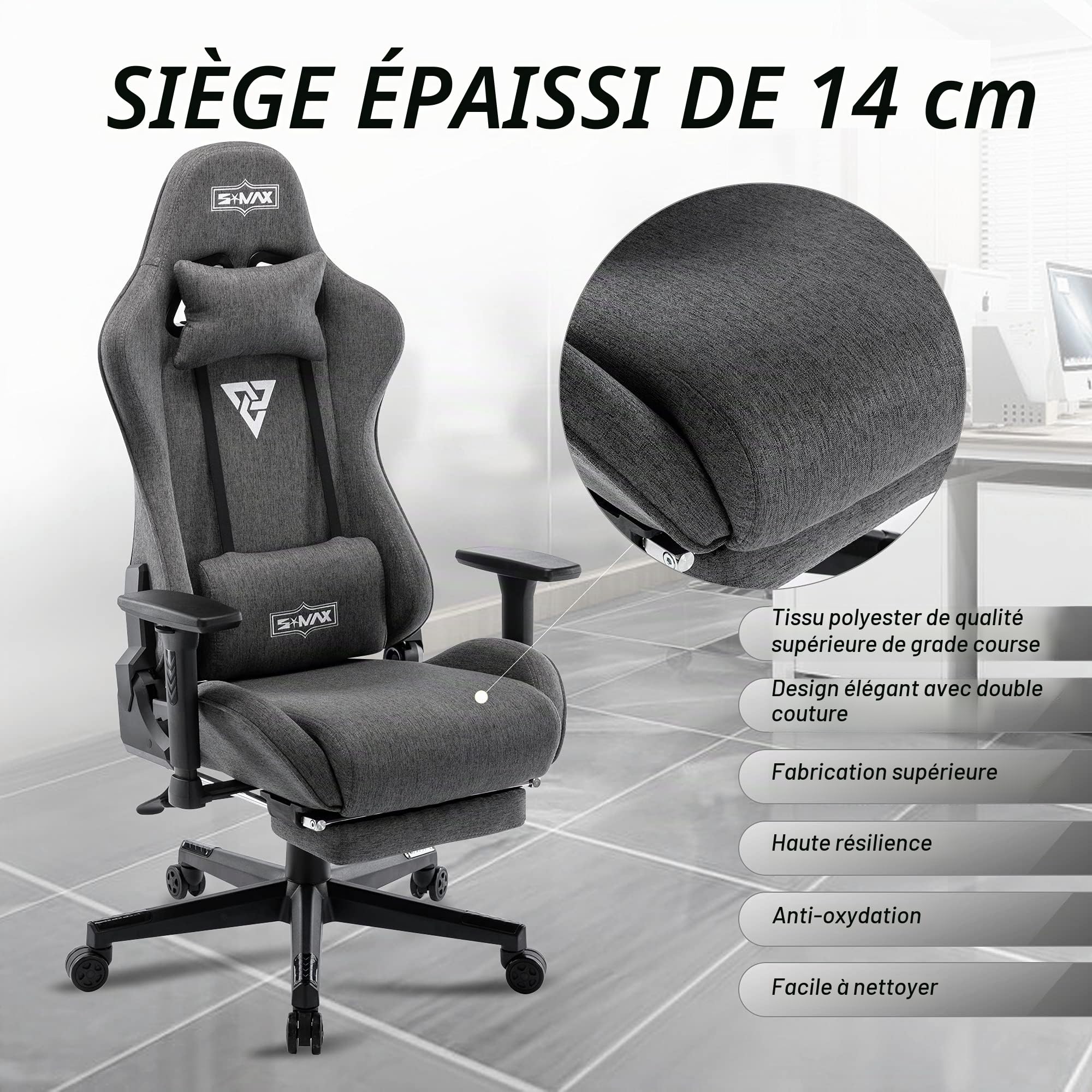 S*MAX Chaise Gaming avec Repose Pieds Siège épais Chaise Gamer Ergonomique avec Accoudoir 3D Appui-tête en Tissu et Support Lombaire Siege Gaming Gris