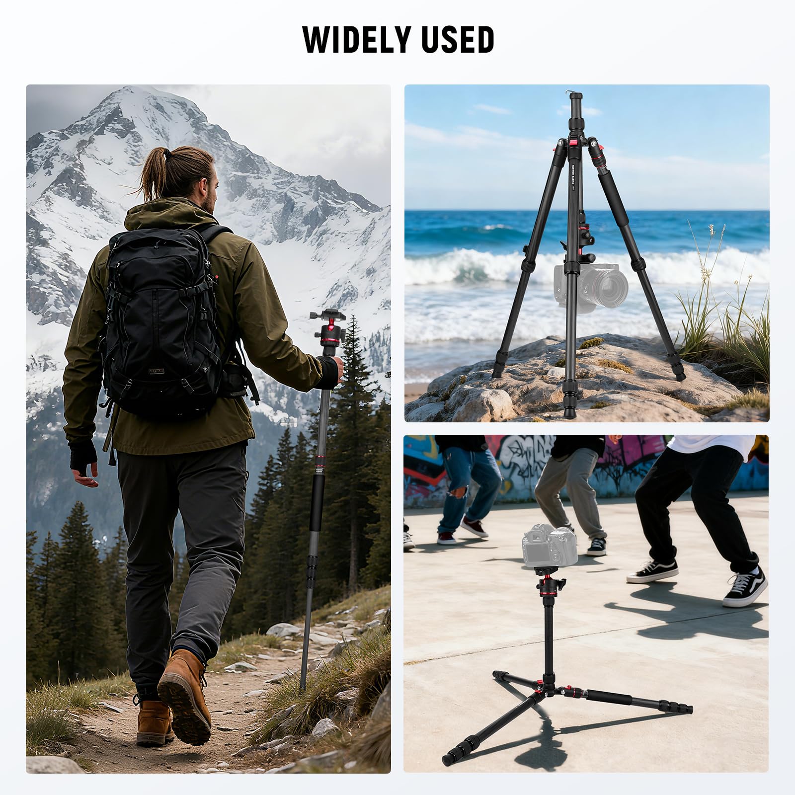 NEEWER BASICS Statyw podróżny z włókna węglowego, 162.6 cm, kompaktowy, lekki, przenośny, na aparat, stojak na telefon komórkowy, kompatybilny z nagrywaniem wideo iPhone'a, głowica kulowa typu Arca