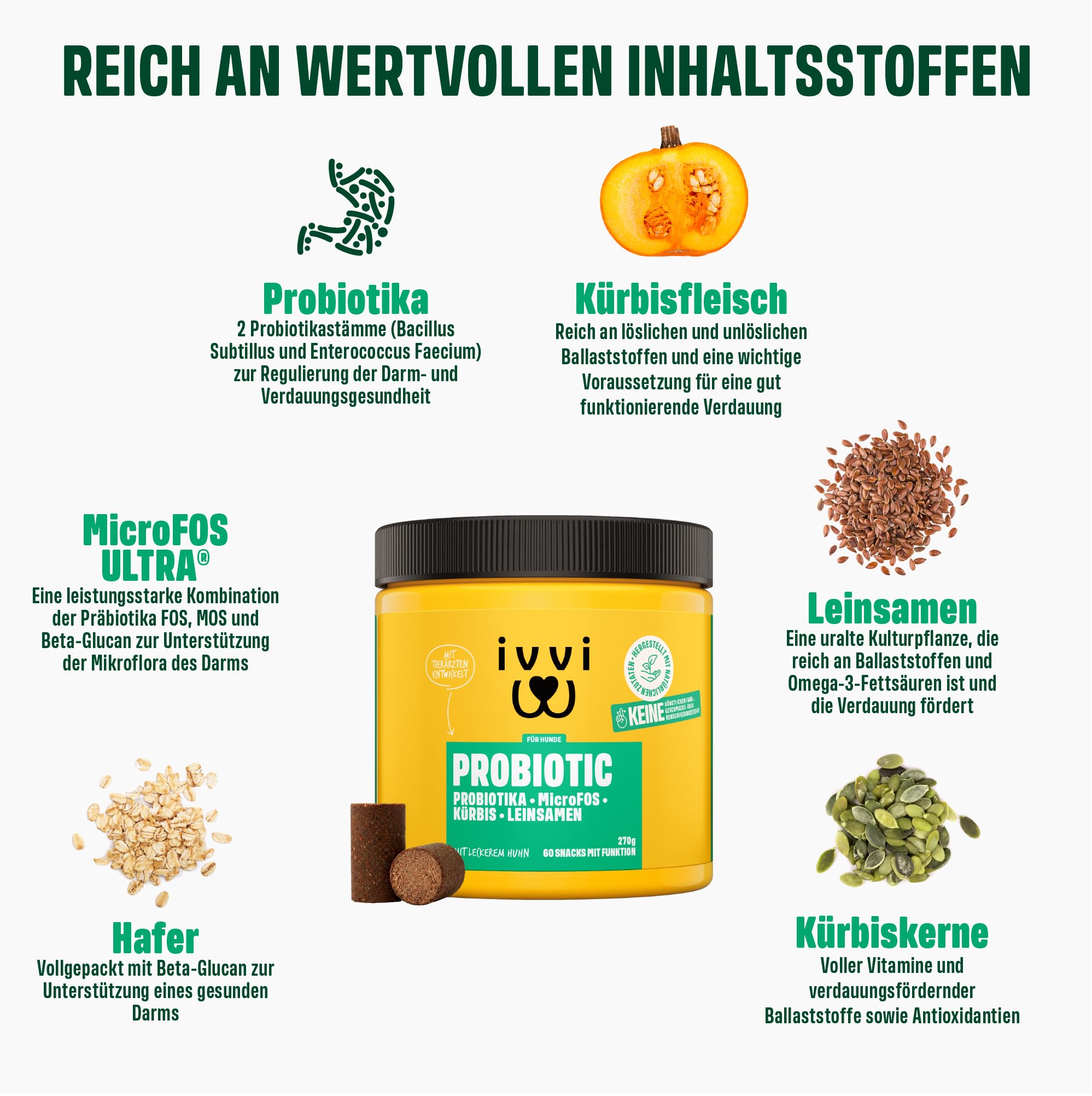 ivvi PROBIOTIC Hunde Probiotika als Leckerli - Hund Darmflora aufbauen, verbesserte Verdauung & Immunsystem - 60 leckere Snacks (270g) mit Huhn