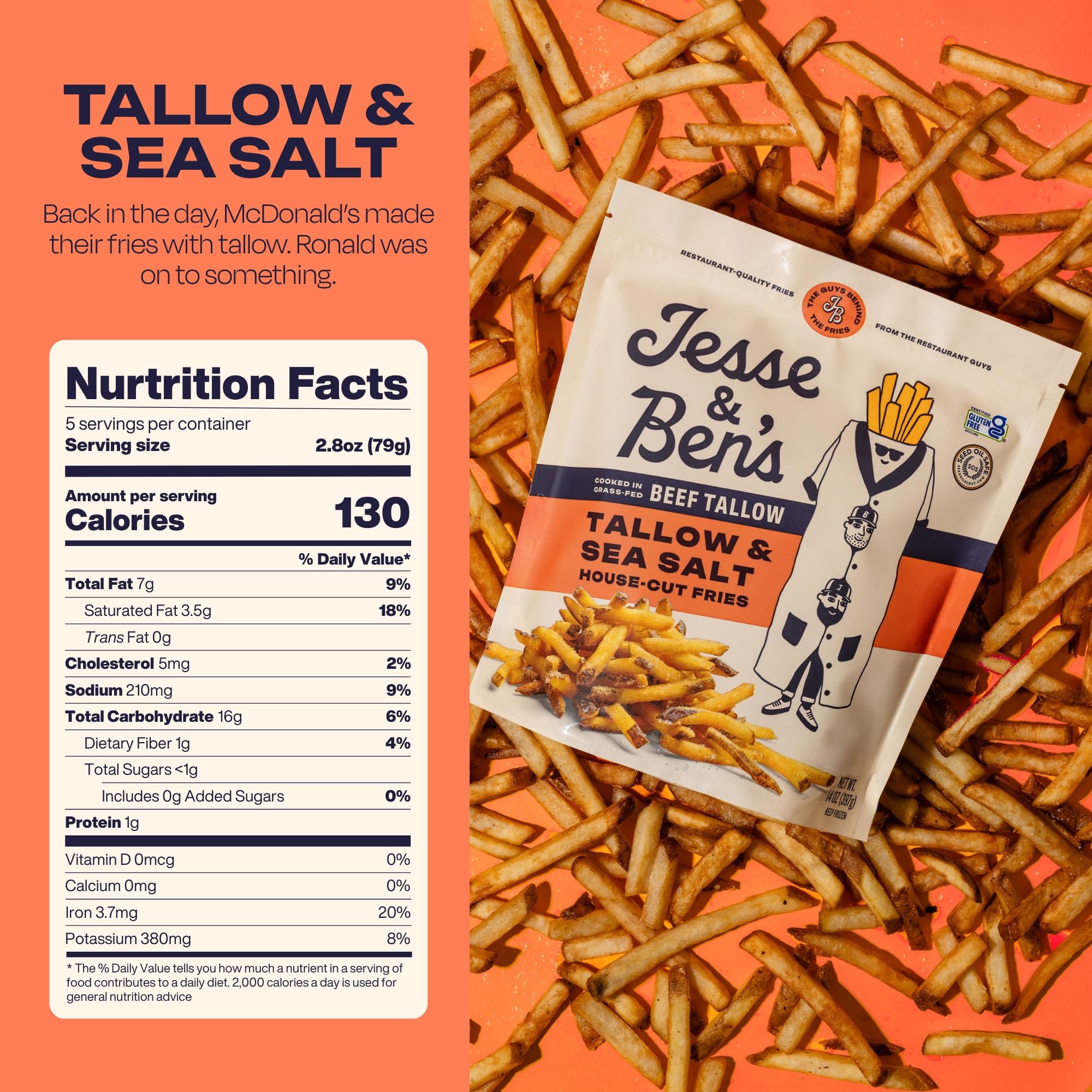 Jesse Bens House-Cut Tallow Sea Salt Fries Made with Grass-Fed Beef Tallow Gluten-Free Non-GMO Frozen Potatoes Healthy Snack — view 6