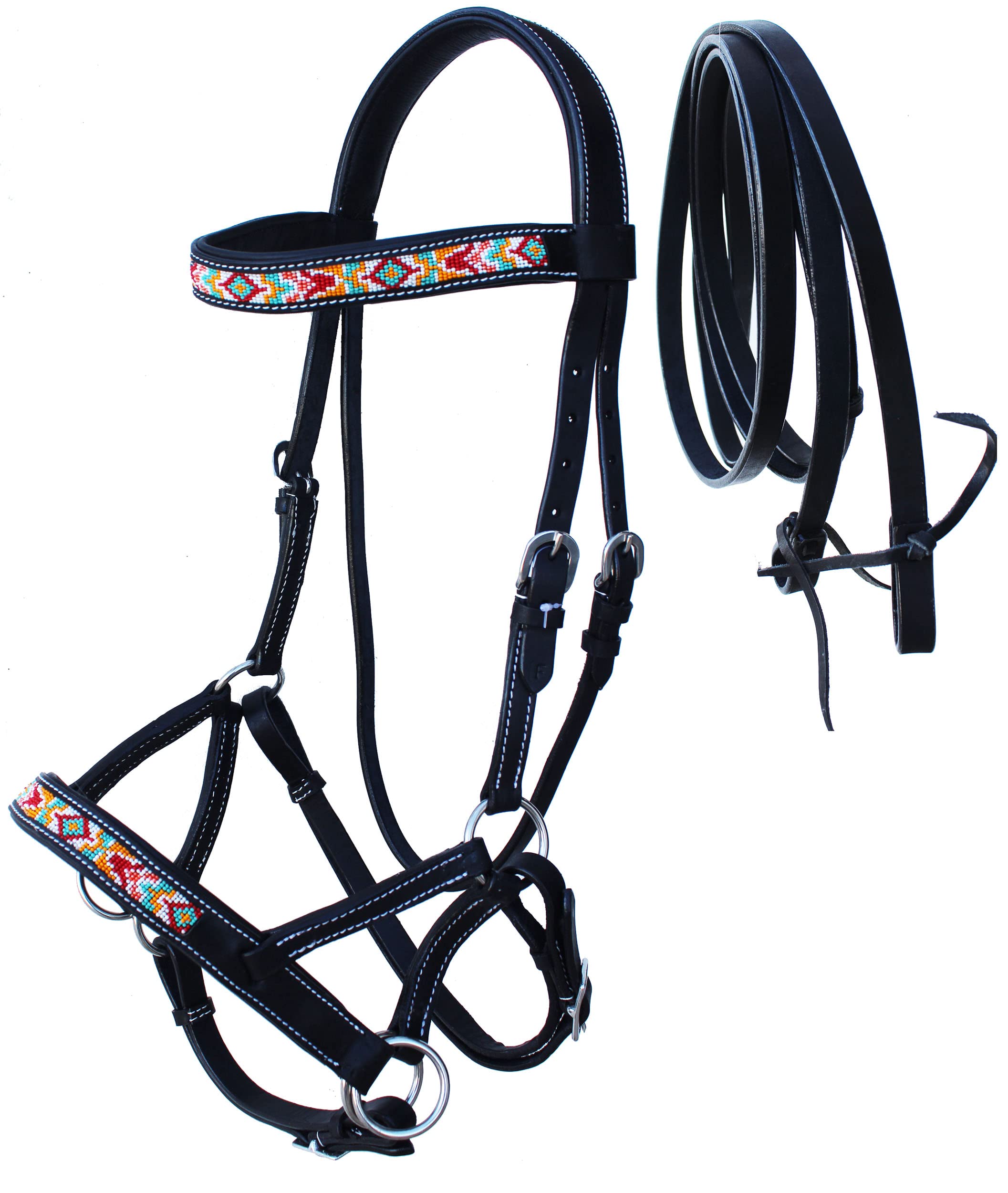 CHALLENGER Bitless Sidepull Bridle With Beaded Leather Reins - Western Horse Bridle In Tan & Turquoise