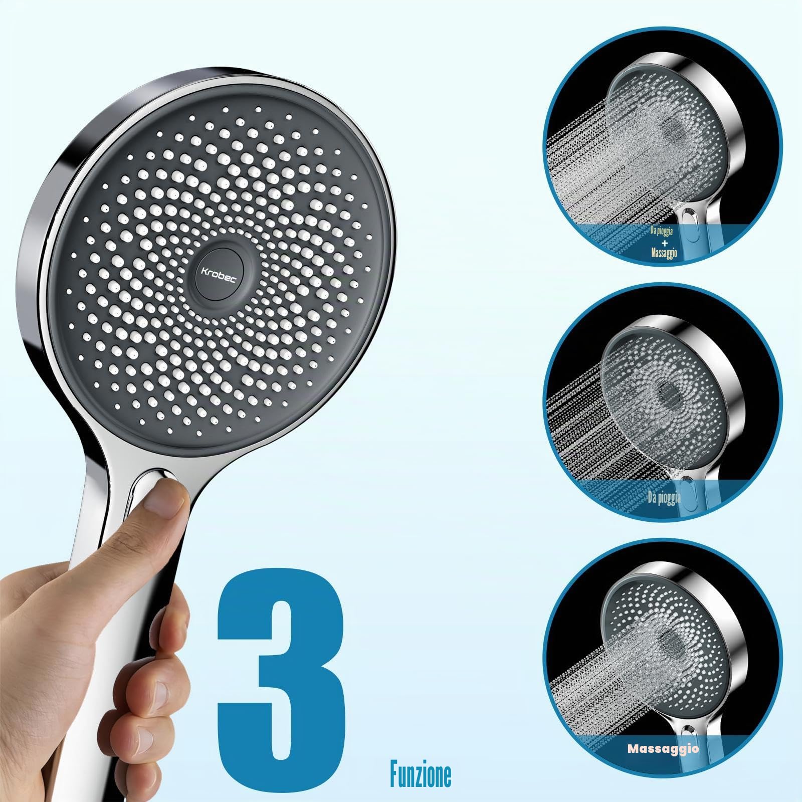 Krobec Soffione doccia 130 mm 3 modalità doccia estraibile risparmio idrico EasyClean cromato