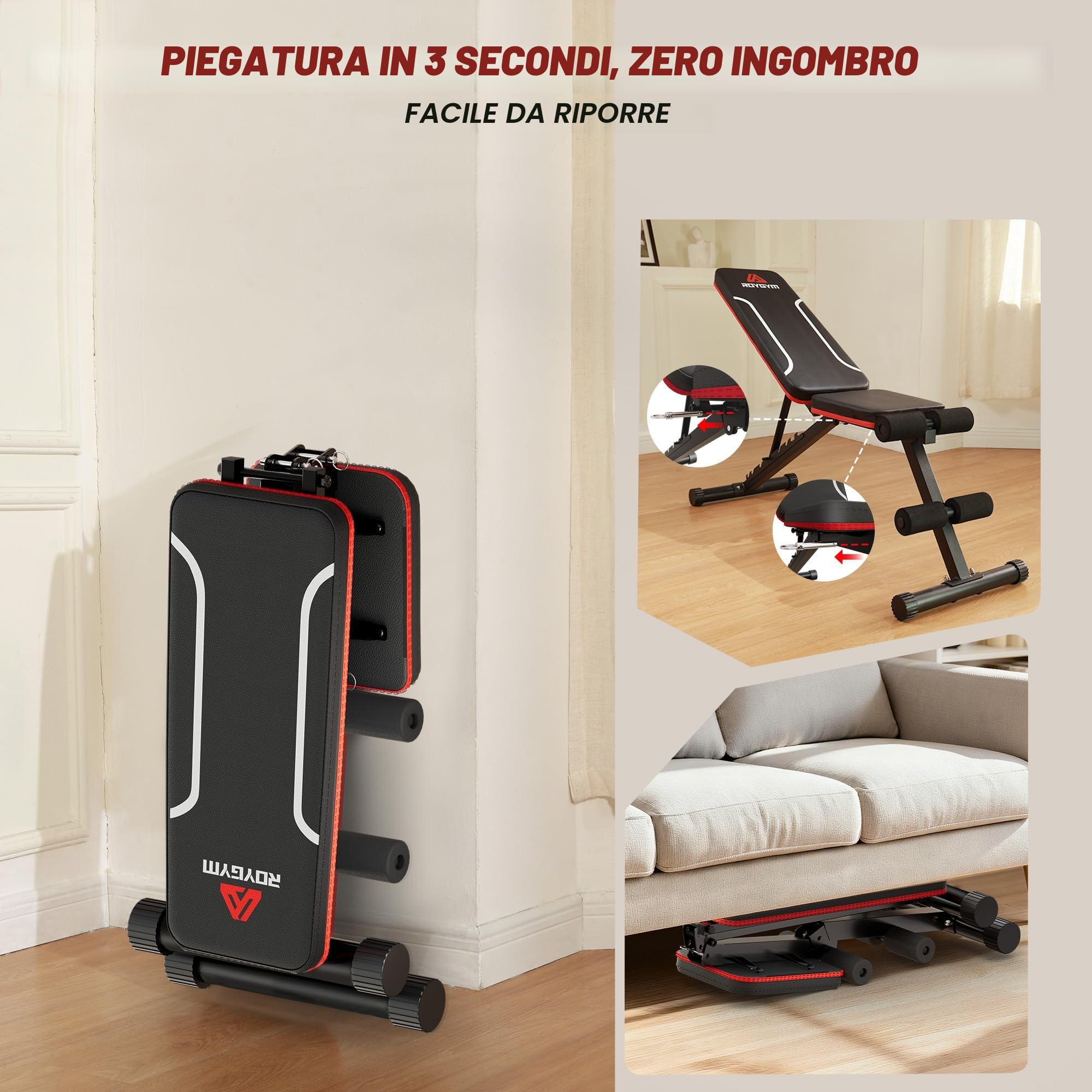 Panca Palestra Pieghevole, Panca Piana con schienale regolabile, Panca pieghevole multifunzione per allenamento, fitness, panca inclinata, carico 300 kg/400kg