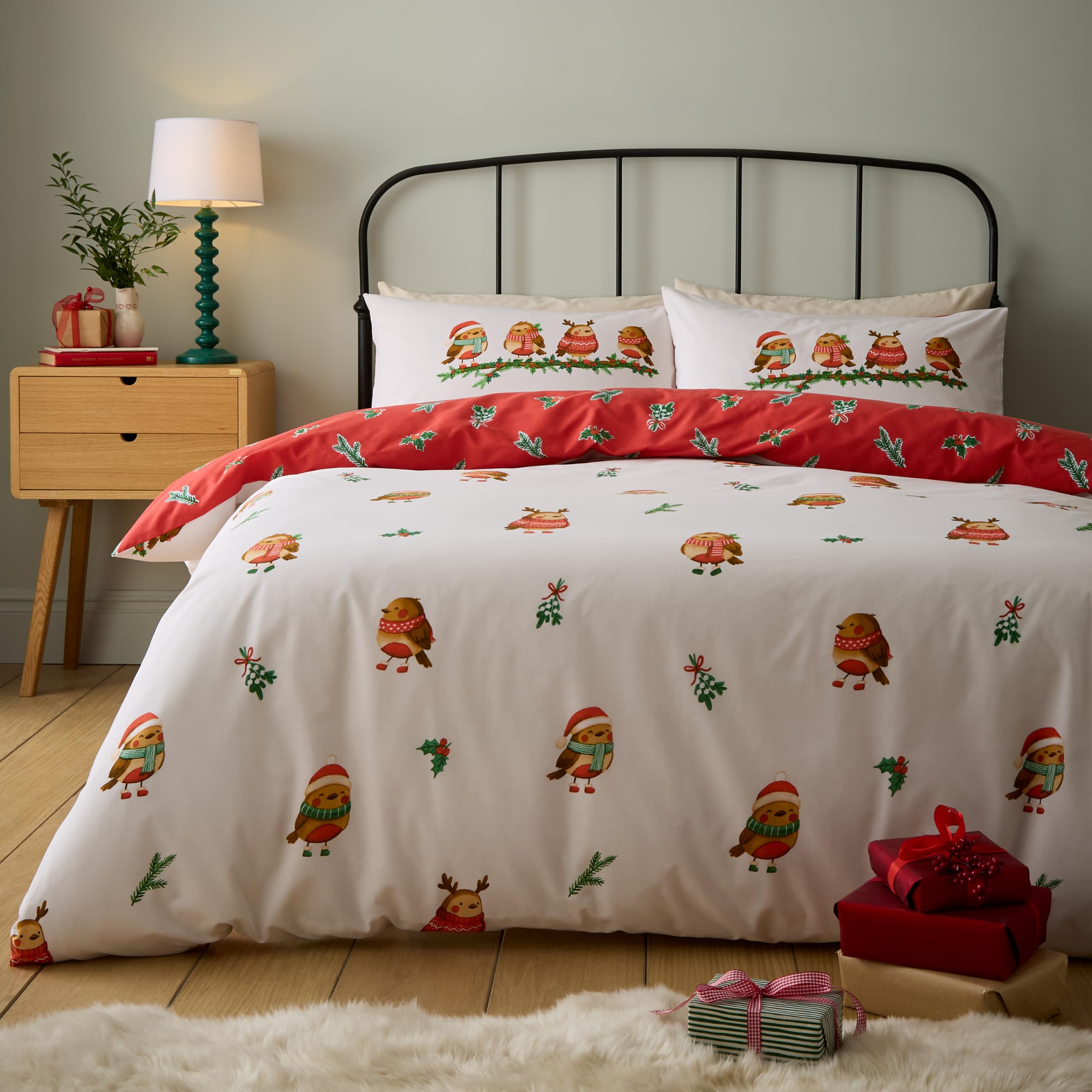 Catherine Lansfield Christmas Robins Reversible King Duvet Cover Set Red