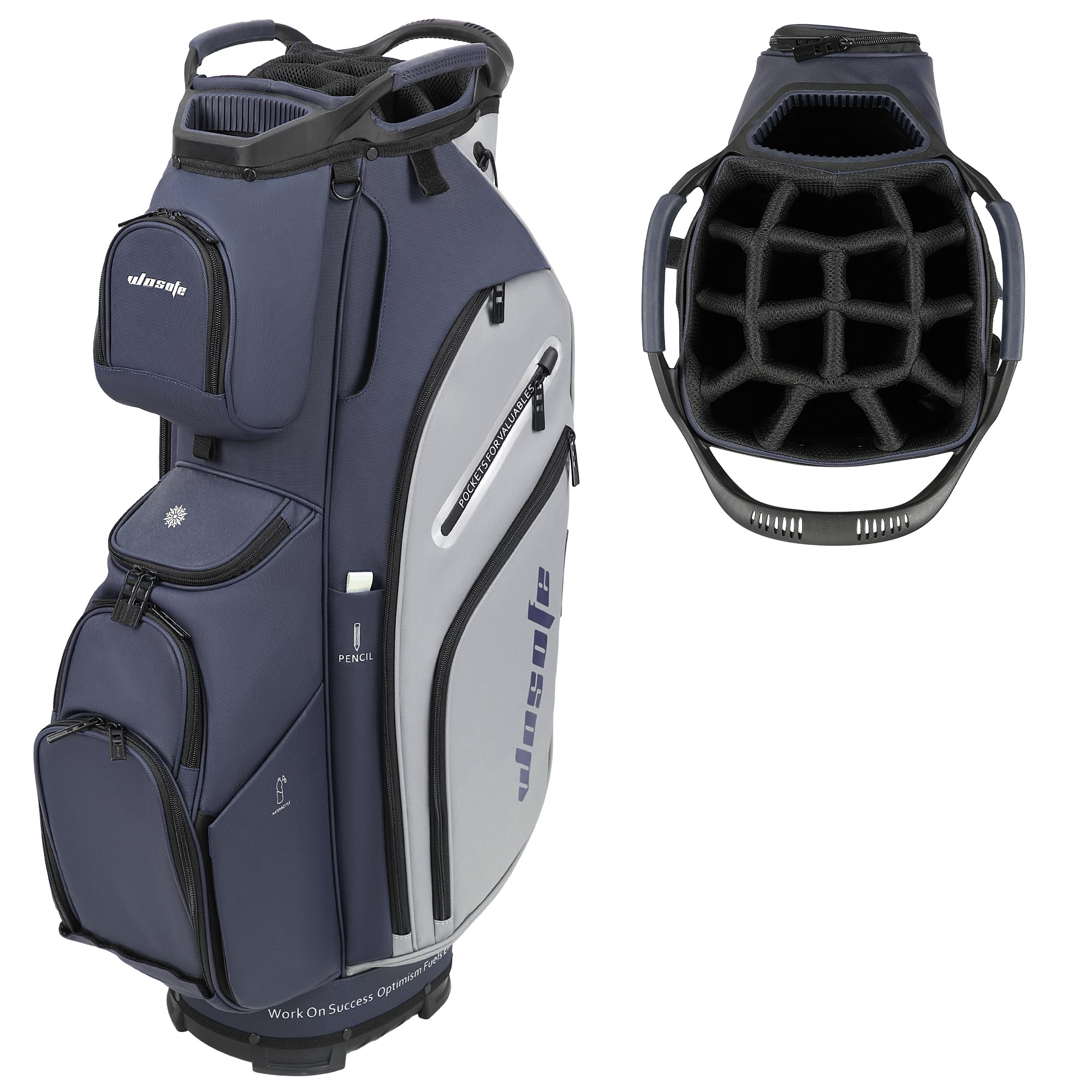 Golf Cart Bag PU Leather Lightweight Men Women Blue White Black Green Multiple 10 Pockets 14-Way Dividers Adjustable Strap Cooler Pouch Handles Rain Cover (Blue/Grey)