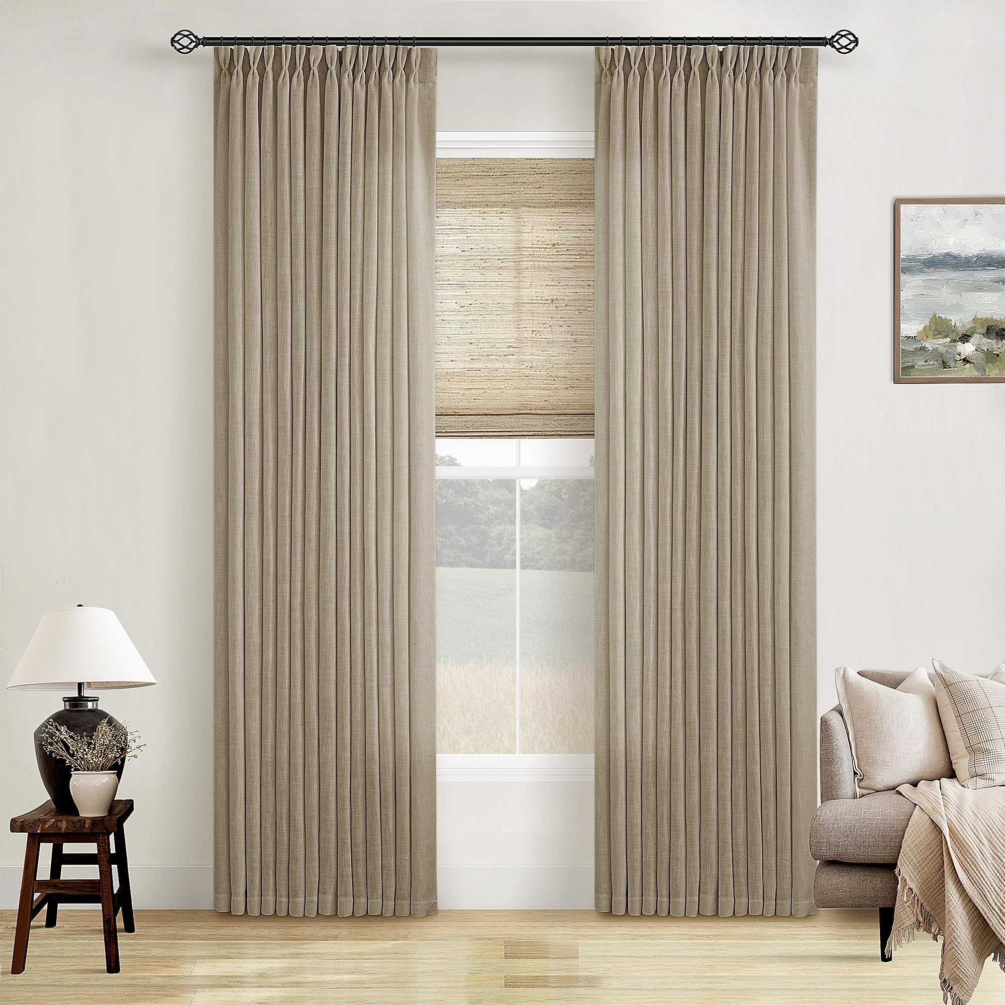 Greige 80 Inches Long Linen Curtains for Living Room Pinch Pleat Hooks for Living Room Back Tab Thick Linen Textured Pleated Drapes Light Filtering Tan Taupe Bedroom Window Curtains 80 Inch Length