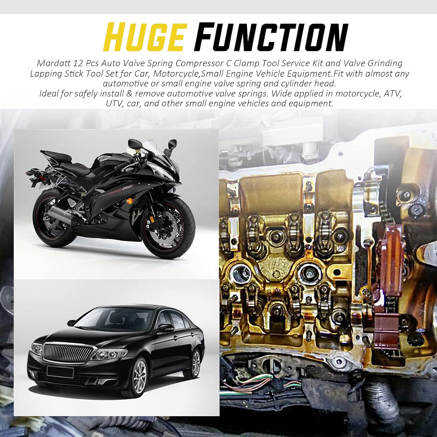 12 Pcs Valve Spring Compressor, Auto Compression C-Clamp Tool Service Assortment Kit and Valve Grinding Lapping Stick Tool Set for Motorcycle, Automotive, Vehicle Equipment