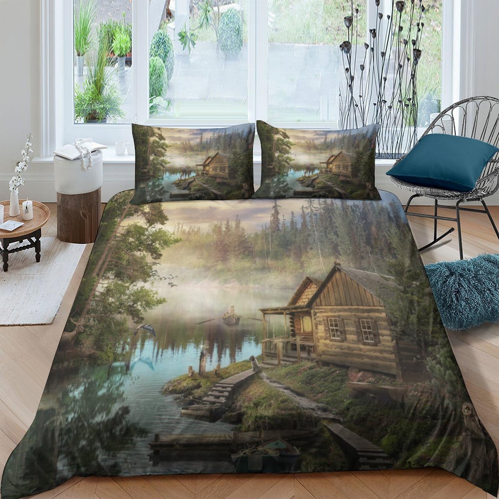 Ctjqhvkz Style-10 3D Printed Cabin Lake View Fitted Sheet Microfiber Soft Woodland Forest Bed Cover For Bedroom Guest Room Mattress Protection Single（135X200cm）