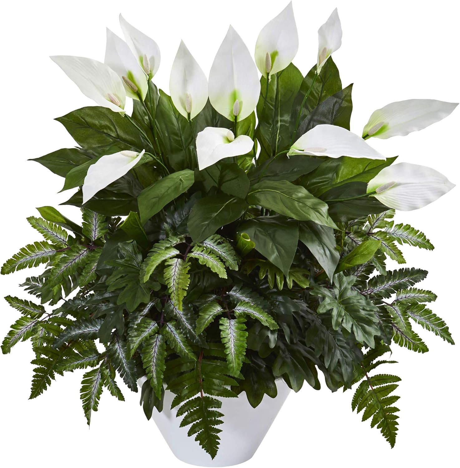 Nearly Natural Mixed Spathiphyllum Artificial White Vase Silk Plants Green