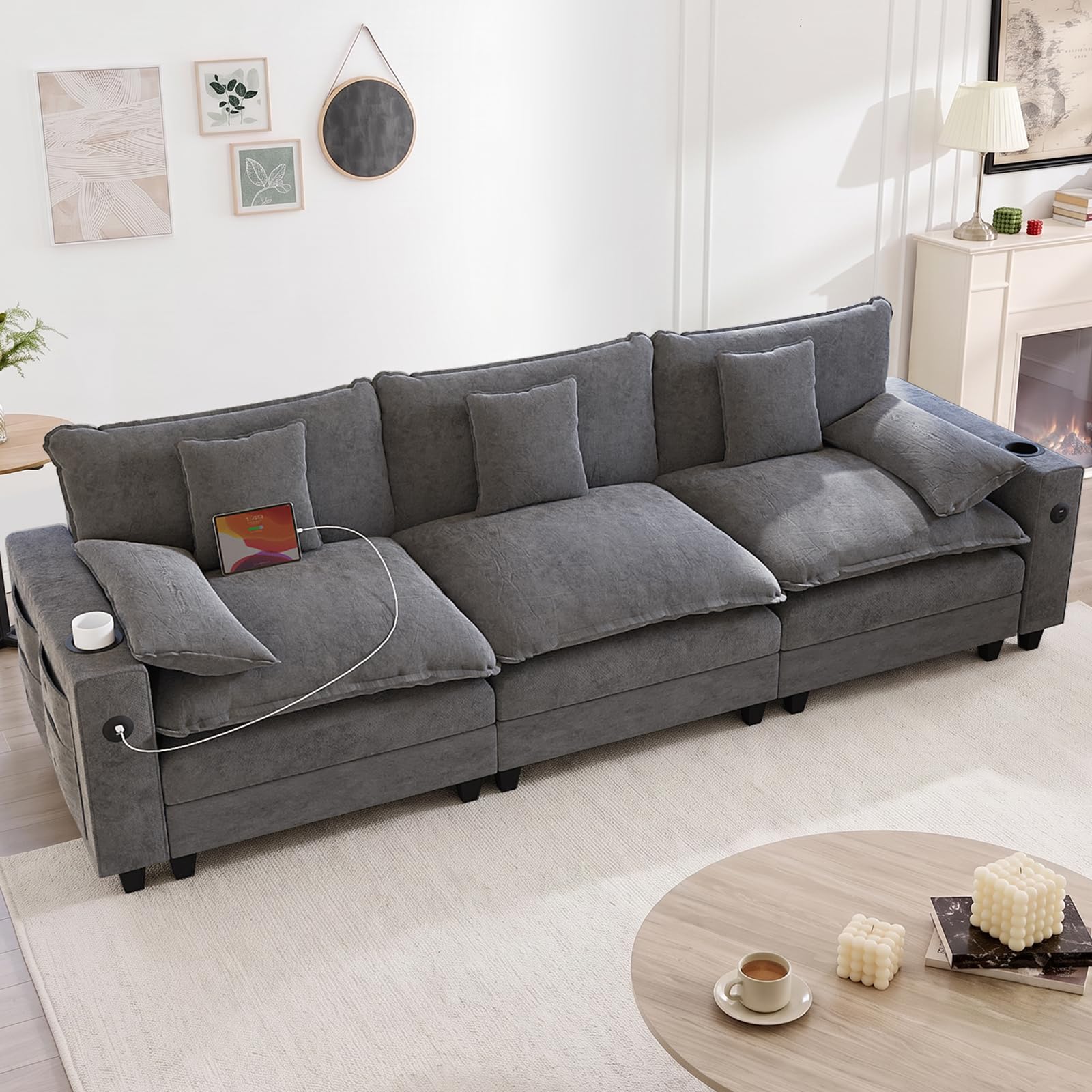 KCGKCG 116" 3-Seater Cloud Sofa, Modular Sectional Couch, Chenille Deep Seat Cloud Couch with Charging Station, Cup Holder, Side Pocket, Double Layer Seat Cushion Couches for Living Room, Grey