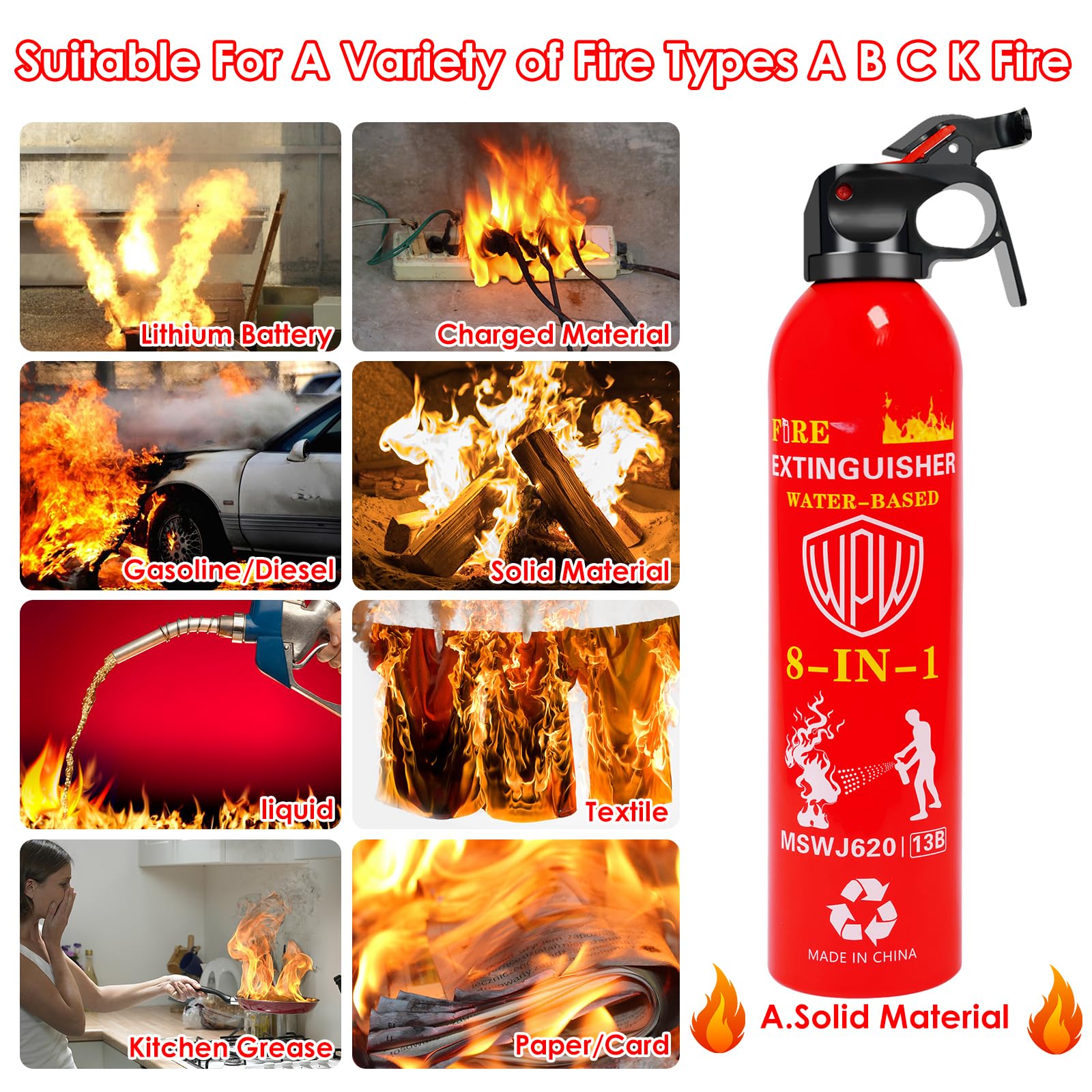 WPW 620ml Large Upgraded 8-in-1 Fire Extinguisher for Home with Wall Mount Portable Fire Extinguisher For Vehicle Car Boat Kitchen Emergency Supplies, Water-Based Solution For A, B, C, K Fire (2 Pack)