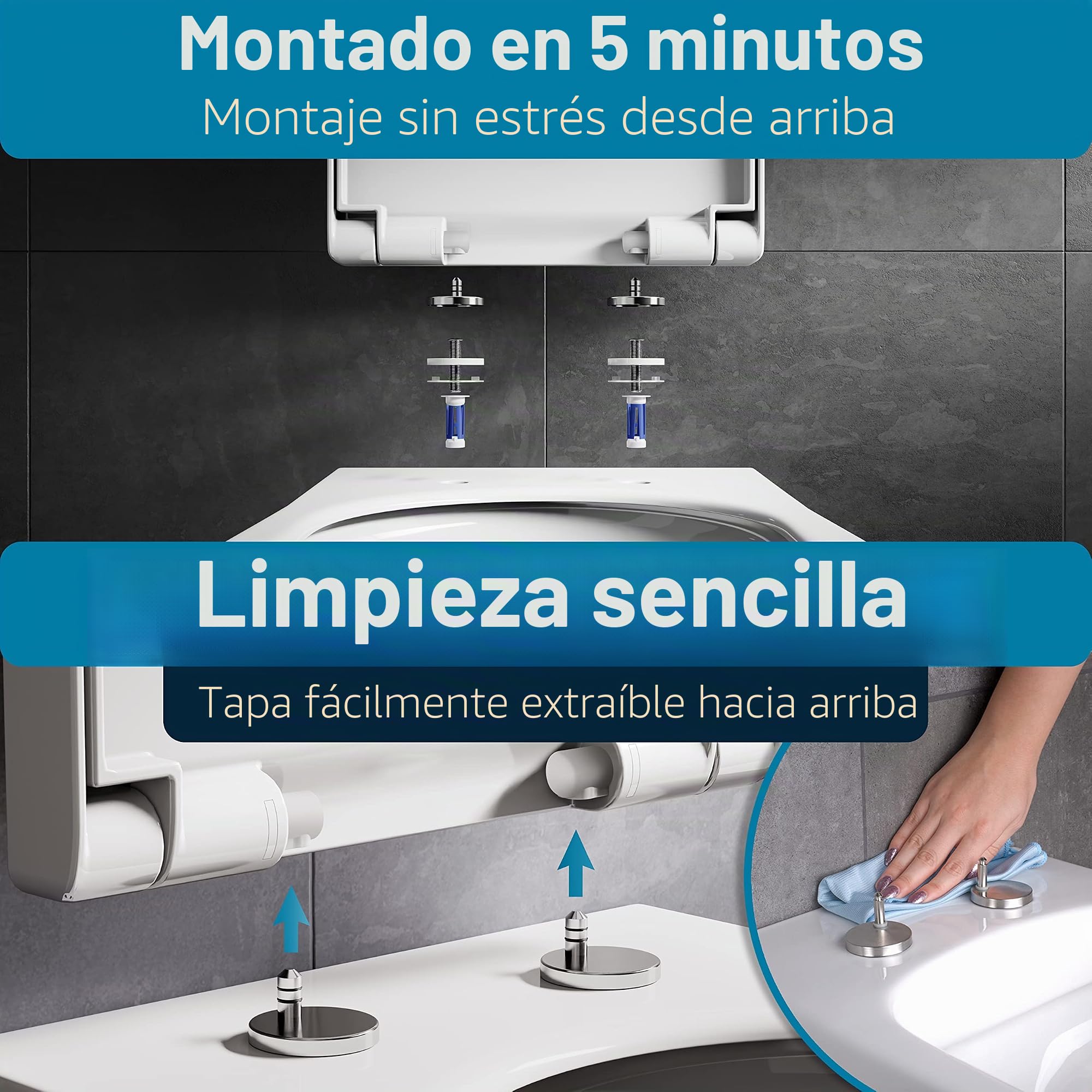 Benkstein® Tapa de inodoro con descenso automático en forma de D, color blanco, antibacteriano, liberación rápida para facilitar la limpieza, fácil montaje, duroplast de urea, extraíble, soporta hasta
