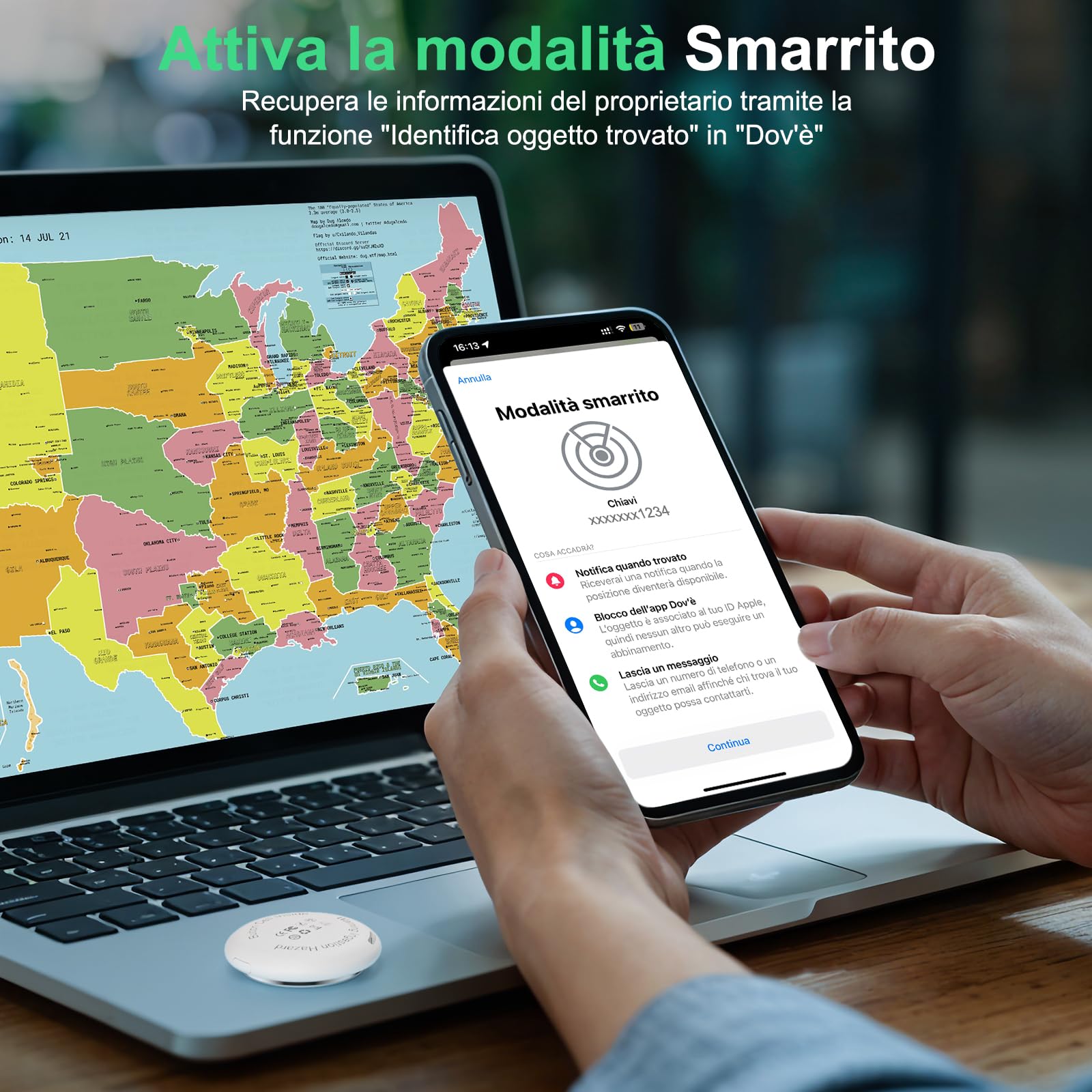 Bnlei Localizzatore Smart Air Tracker Tag Compatibile Apple Dov'è (solo iOS) Batteria di Ricambio Inclusam, Adatto per Chiavi, Portafoglio, Auto, Bici, Cane, Gatto (Bianco, Confezione da 1)