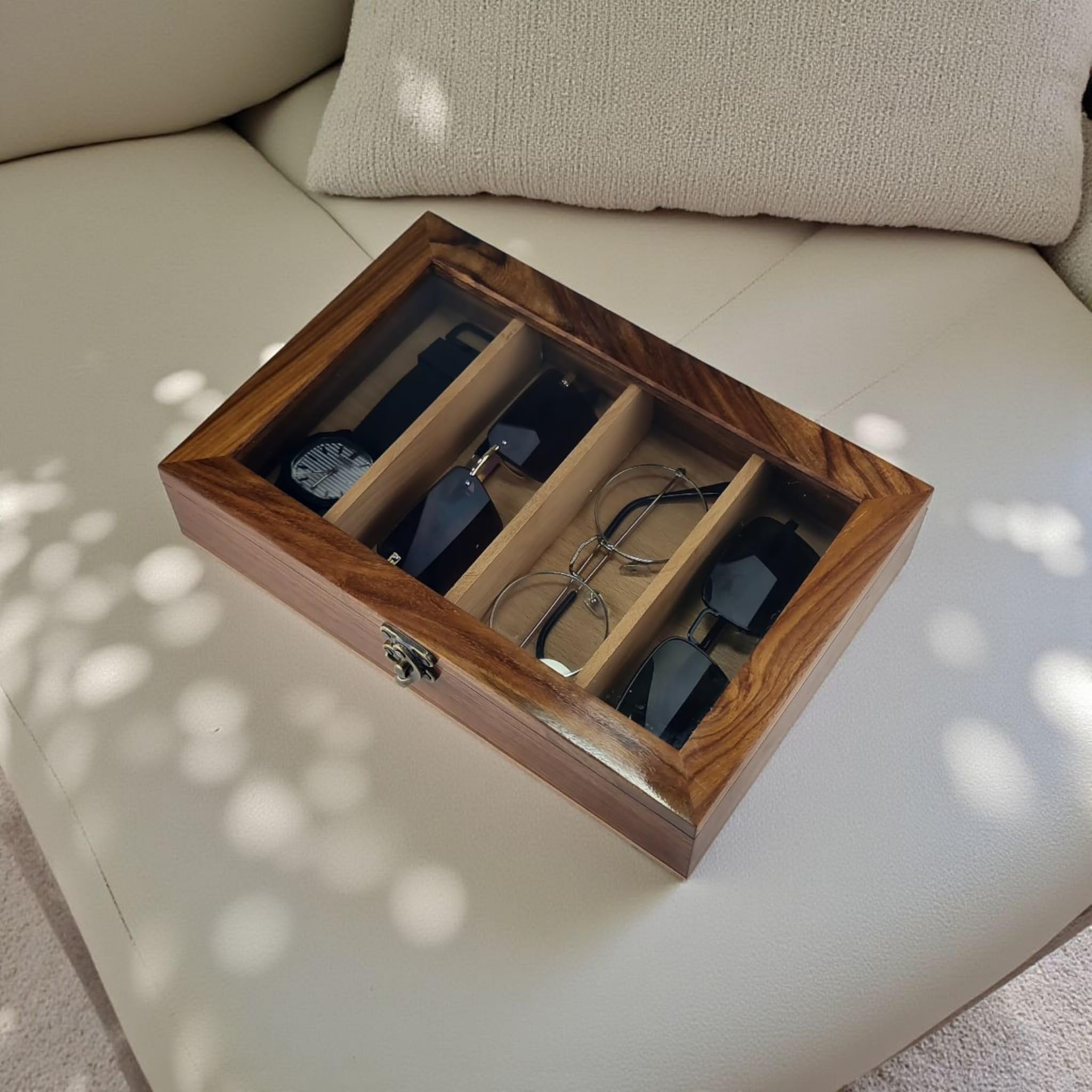 ARTISAN WOOD CRAFTS Handcrafted Wooden Sunglasses Storage Box, Walnut Brown, Glass Display Case with 4 Compartments, Mirror Lid, Eyewear Organizer for Collection Display
