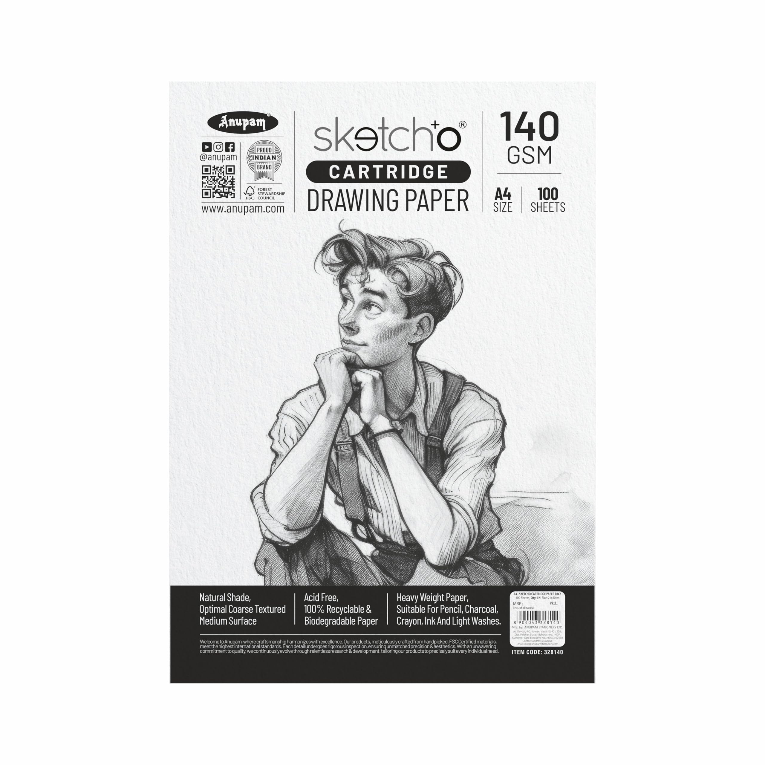 Anupam SketchO Sketching & Drawing Paper A4 | 100 Loose Sheet 200 Pages | 140 GSM Sheet for Pencil, Charcoal, Graphite, redchalk Pastel, Chalk, Oil Pastel & Wax Crayon for Artist's & Amateurs