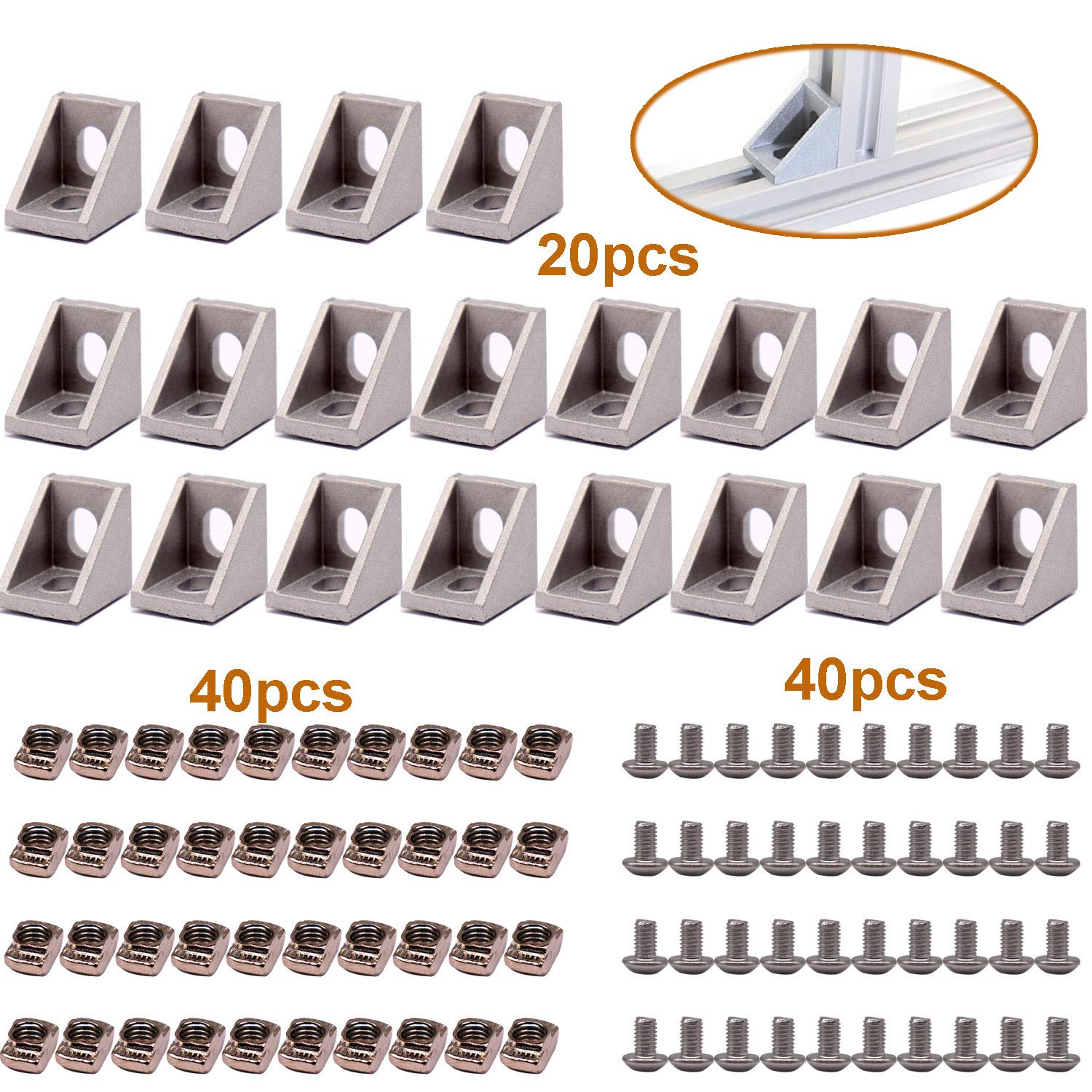 20 Set 2020 Series Corner Angle L Brackets with Slot 6mm Connection Bracket Set for Aluminum Profile, 20Pcs Corner Bracket + 40Pcs Hex Socket Screw Bolt M5x10mm + 40Pcs T Slot Nut