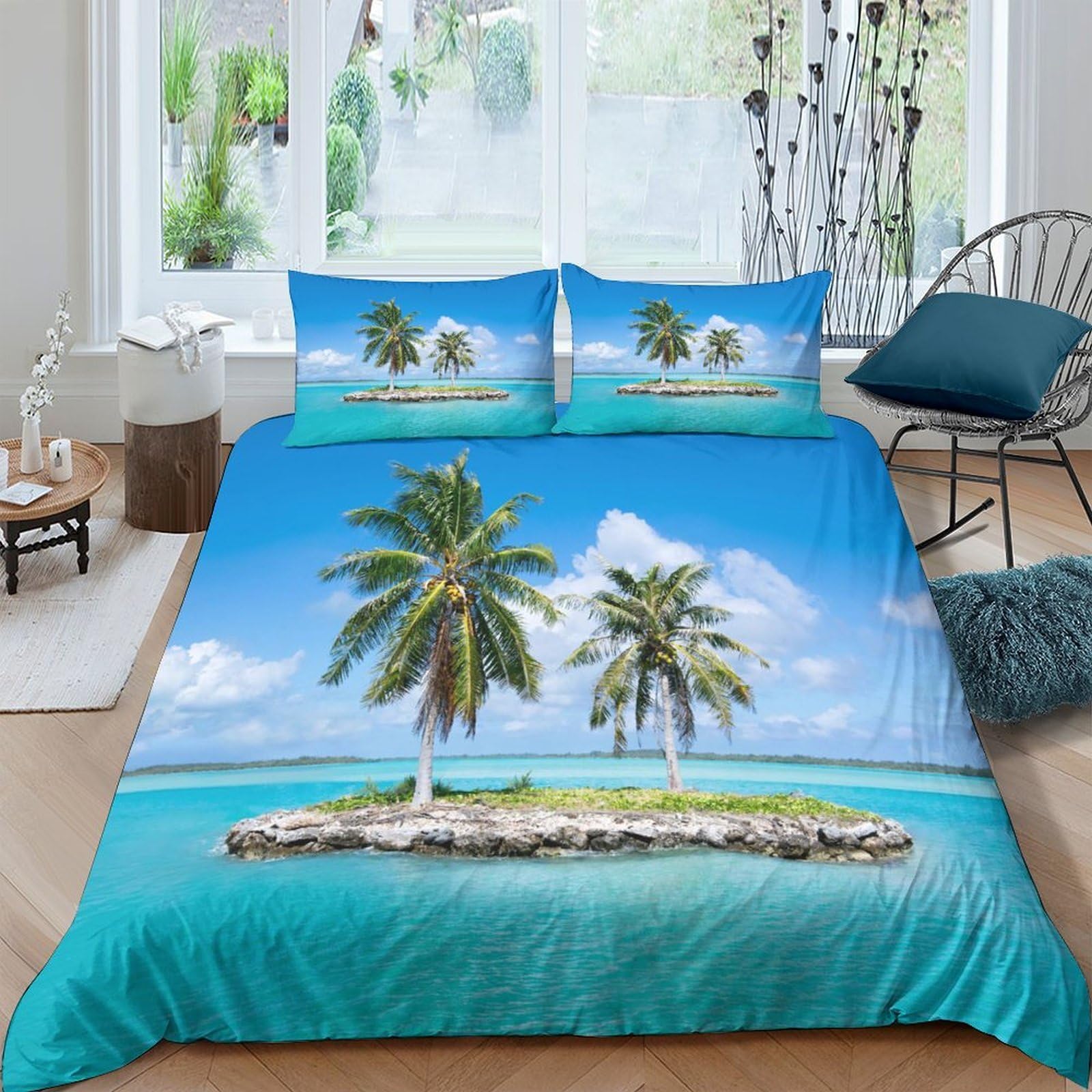 Ctjqhvkz Style-2 3D Printed Tropical Island Fitted Sheet Microfiber Palm Beach Mattress Cover Blue Ocean Decor For Bedroom Guest Room Single（135X200cm）
