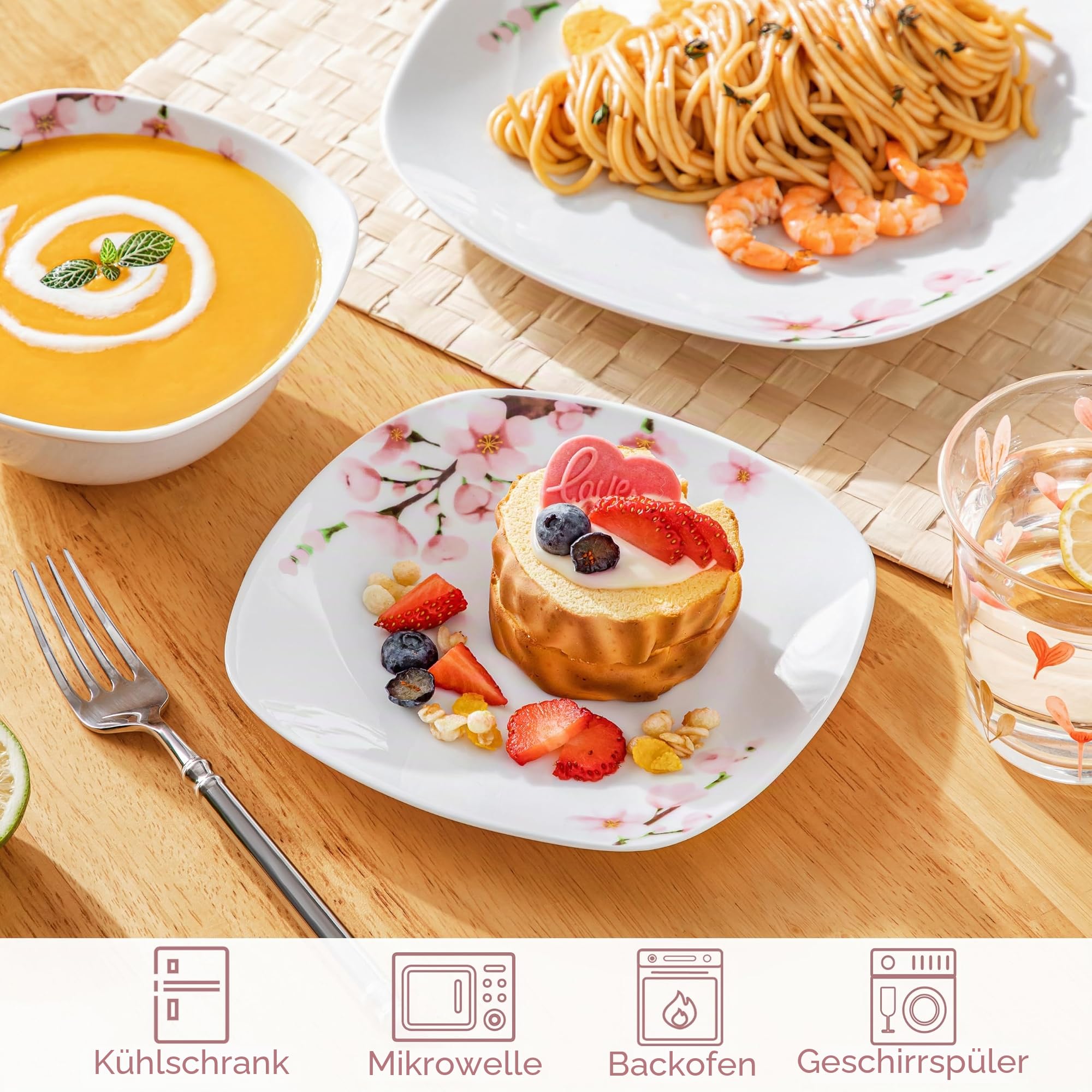 VEWEET Serie ANNIE 12-teiliges Porzellan Geschirrset für 4-12 Personen, Weiß mit rosa Blumenmuster, Tafelservice mit 4 Speiseteller, 4 Dessertteller und 4 Müslischalen (Schüssel- und Teller Set)