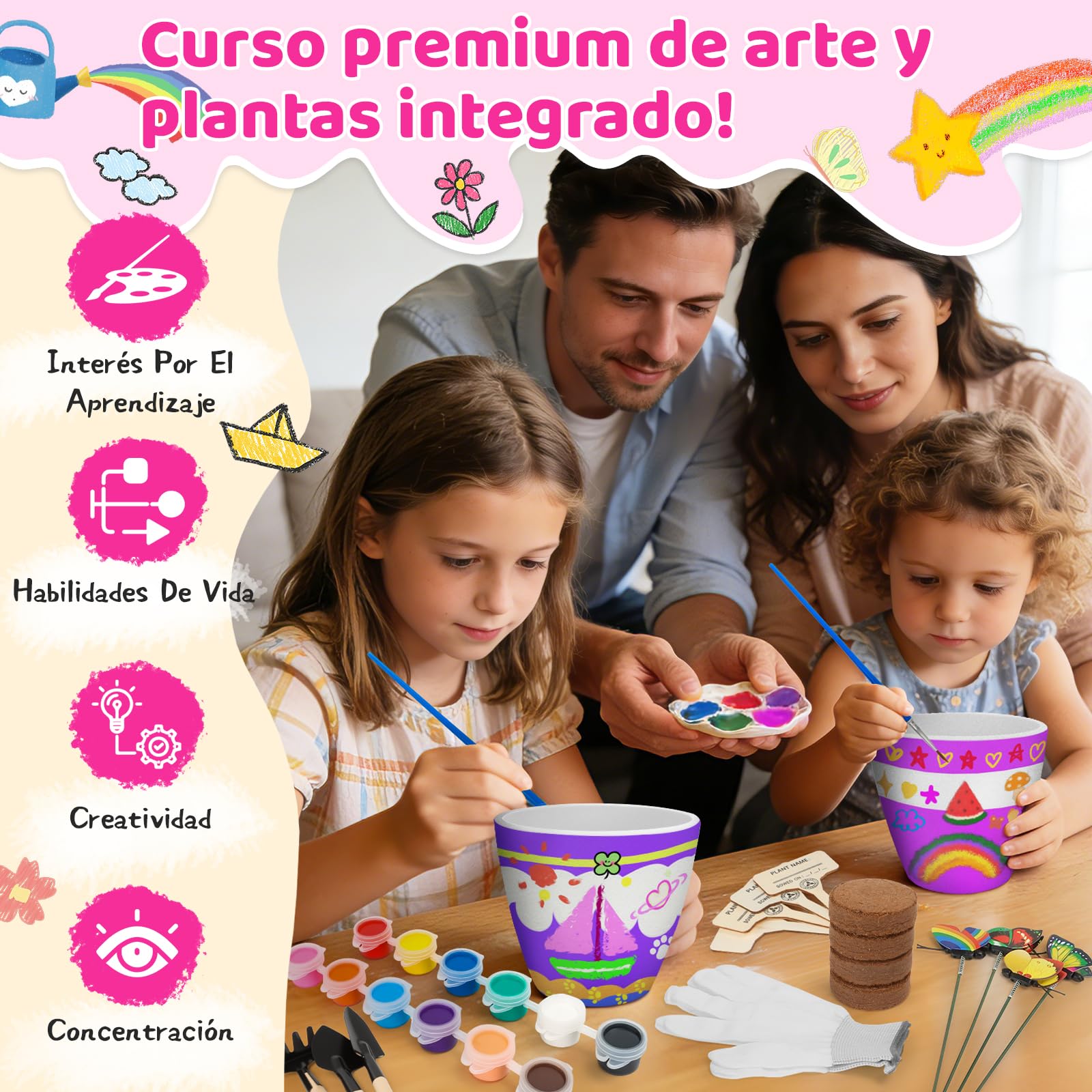 IEEILULU Kit Jardineria Niños, Set Macetas Pintar 35 Piezas, Kit DIY para Pintar Macetas con Herramientas de Jardinería para Niños, Set Huerto Infantil Manualidades Regalos para 3+ Años