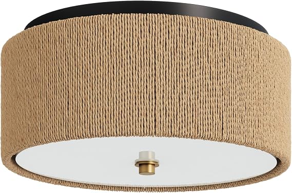 Nathan James Juluca Boho Light Fixture, Flush Mount Ceiling Light with Frosted Glass Diffuser, Rustic Boho Ceiling Light with Seagrass Shade