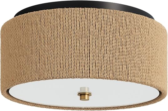 Nathan James Juluca Boho Light Fixture, Flush Mount Ceiling Light with Frosted Glass Diffuser, Rustic Boho Ceiling Light with Seagrass Shade