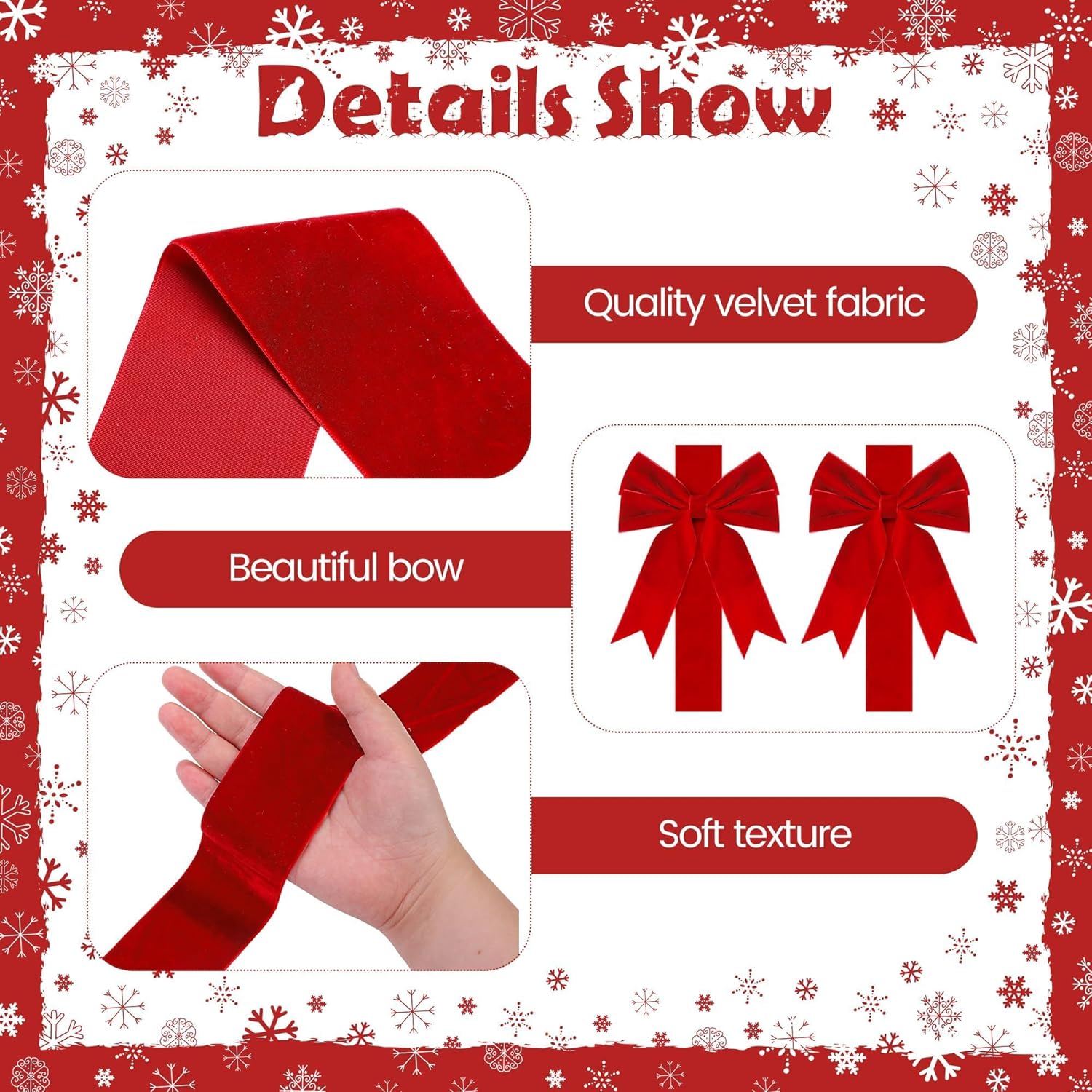 Aneco 6 Pack Christmas Door Ribbon and Bows, Large Christmas Velvet Cabinet Door Bows and Ribbons, Festive Velvet Bow with Hook-and-Loop Fastener for Cabinets Furniture Xmas Party Decorations, Red