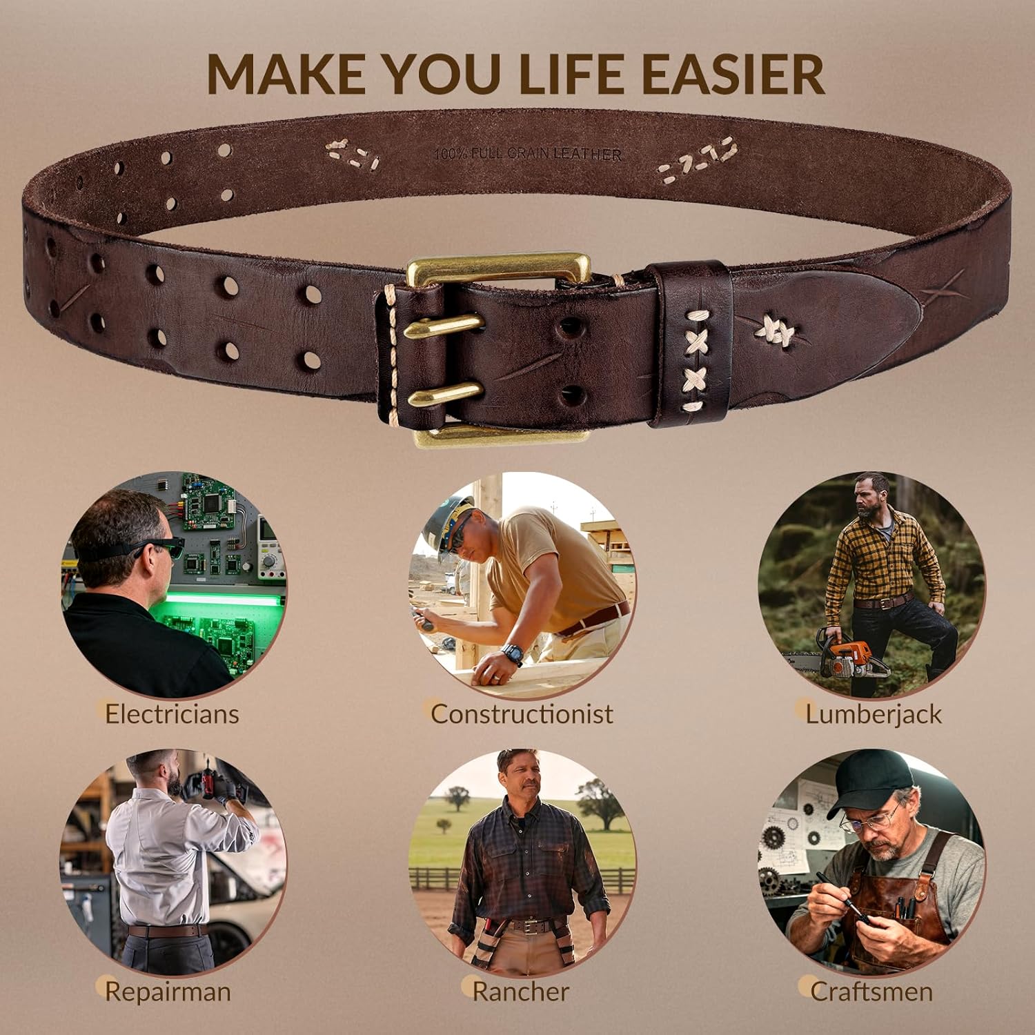 Real Leather Belts for Men Work Heavy Duty Double Prong Men's Belt Jeans Casual Mens Belts Leather Christmas Gifts - Image 5