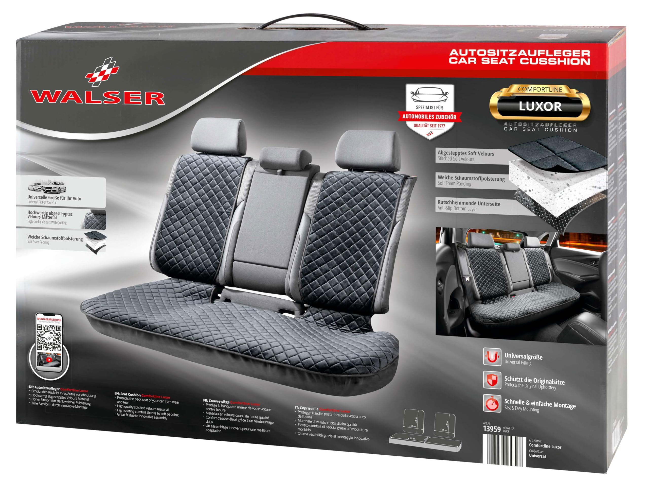 Walser Premium Sitzauflage Auto Luxor aus edel abgestepptem Velours-Material, 1 Sitzschoner Auto für Rücksitzbank (ISOFIX-kompatibel), Rücksitzschoner, Universelle PKW Sitzauflage, Sitzbezug Auto
