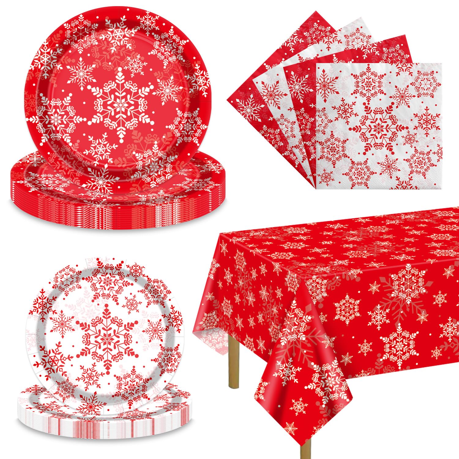 APUXXJUPA Christmas Snowflakes Plates Set for 20 Guests, Including Red Snowflakes Tablecloth, Napkins and Plates for Xmas Winter Holiday New Year Party Decorations — image 1