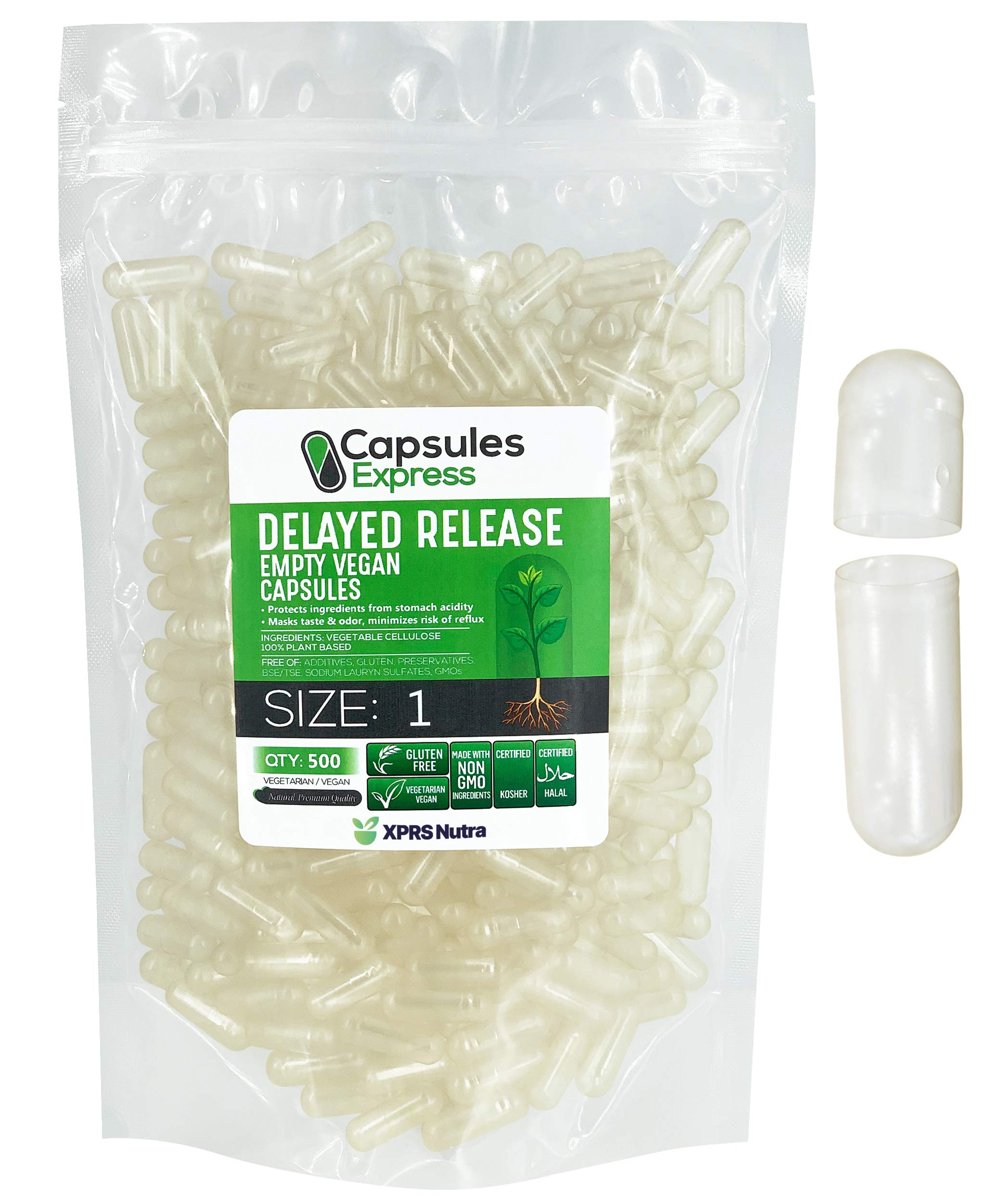 XPRS Nutra Delayed Release Size 1 Empty Capsules - 500 Count Clear Empty Vegan Capsules - Vegetarian Pills - DIY Vegetable Capsule Filling - Veggie Gel Caps for Do-It-Yourself Supplements 500 Count (Pack of 1) Size 1